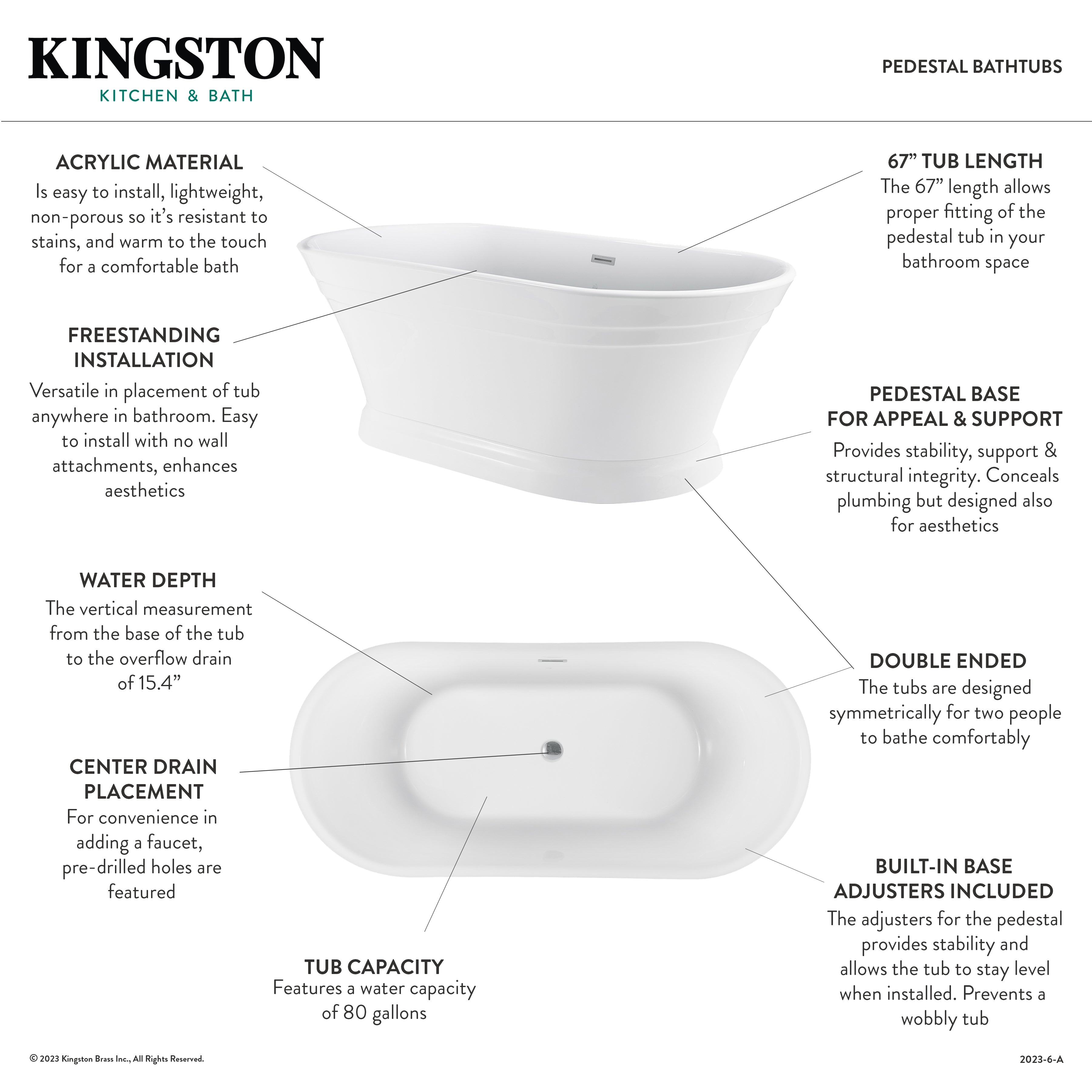 Aqua Eden 67-Inch Acrylic Oval Double-Ended Freestanding Bathtub - Glossy White Pedestal Soaking Tub with Drain (No Faucet Holes) | Luxury Bathroom Centerpiece for Spa-Like Relaxation