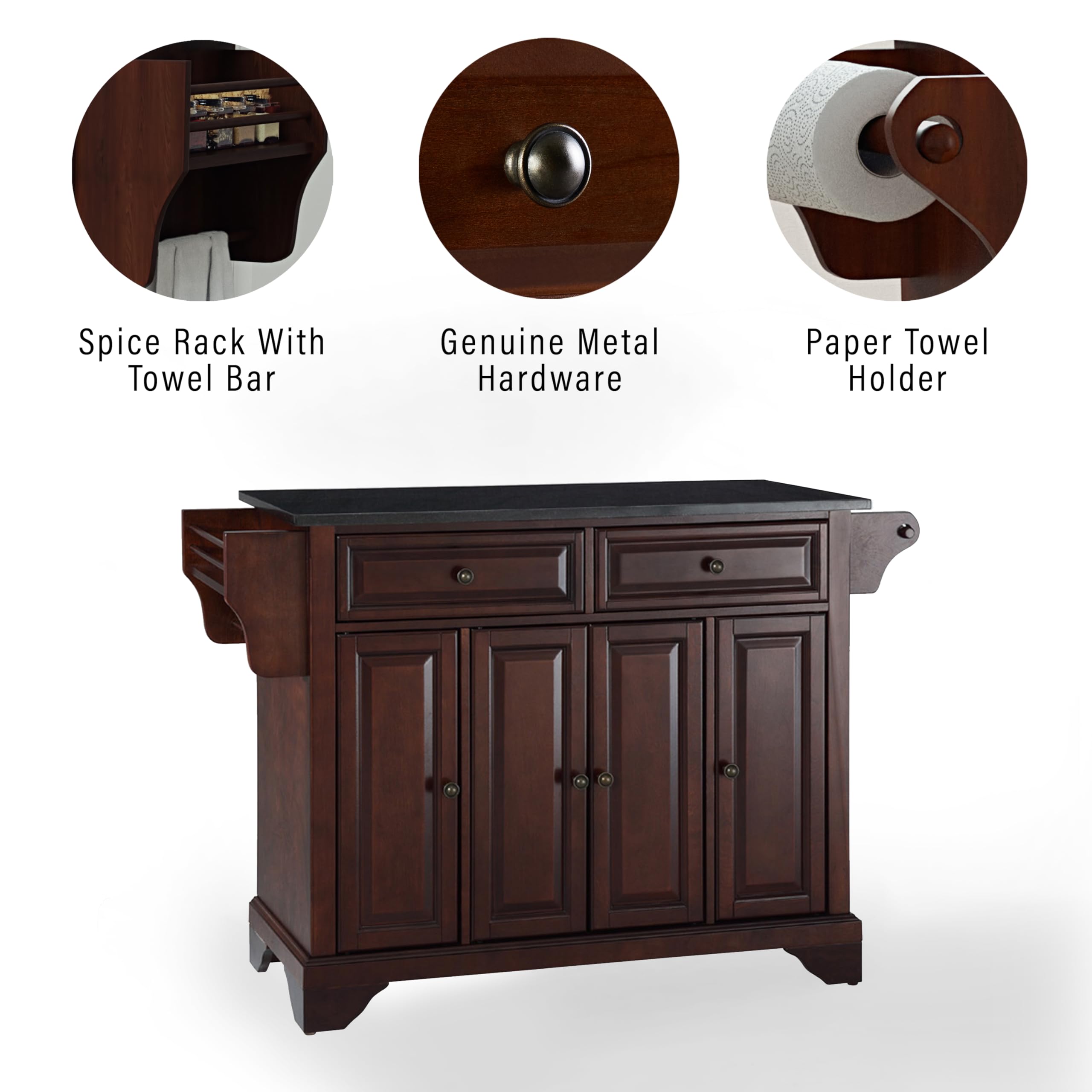 Crosley Lafayette Granite Top Rolling Kitchen Island Cart with Storage - Microwave Stand & Spice Rack - Mahogany Finish - Perfect for Small Kitchens, Pantry Organization & Extra Counter Space