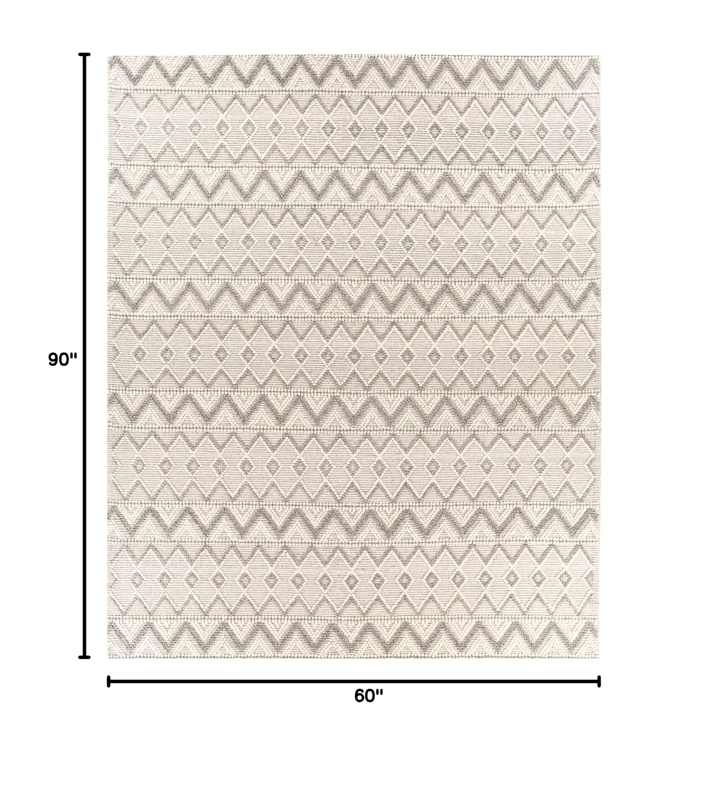 Hauteloom Antigo Boho Handwoven Wool High Low Textured Area Rug - Farmhouse Moroccan Trellis Carpet for Living Room Bedroom - Handmade Zig Zag Bubble Weave - Beige Gray Cream - 5' x 7'6