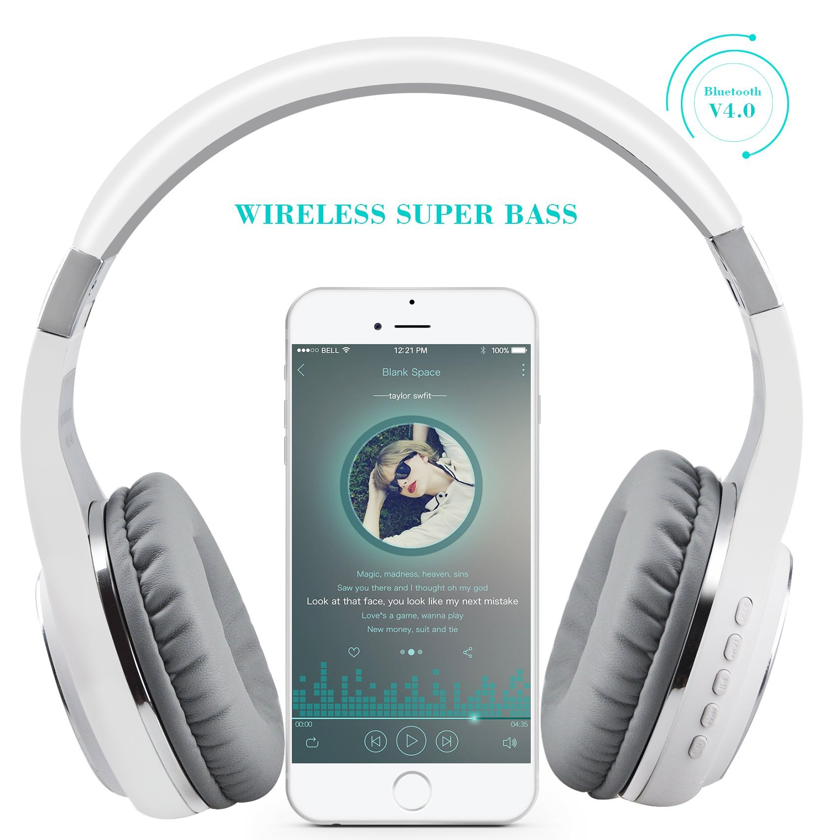 Riwbox XBT-80 Wireless Bluetooth Headphones Over Ear with Microphone, Foldable Stereo Headset with Volume Control for PC/Phone/TV/iPad - Silver White | Perfect for Workouts, Gaming & Travel