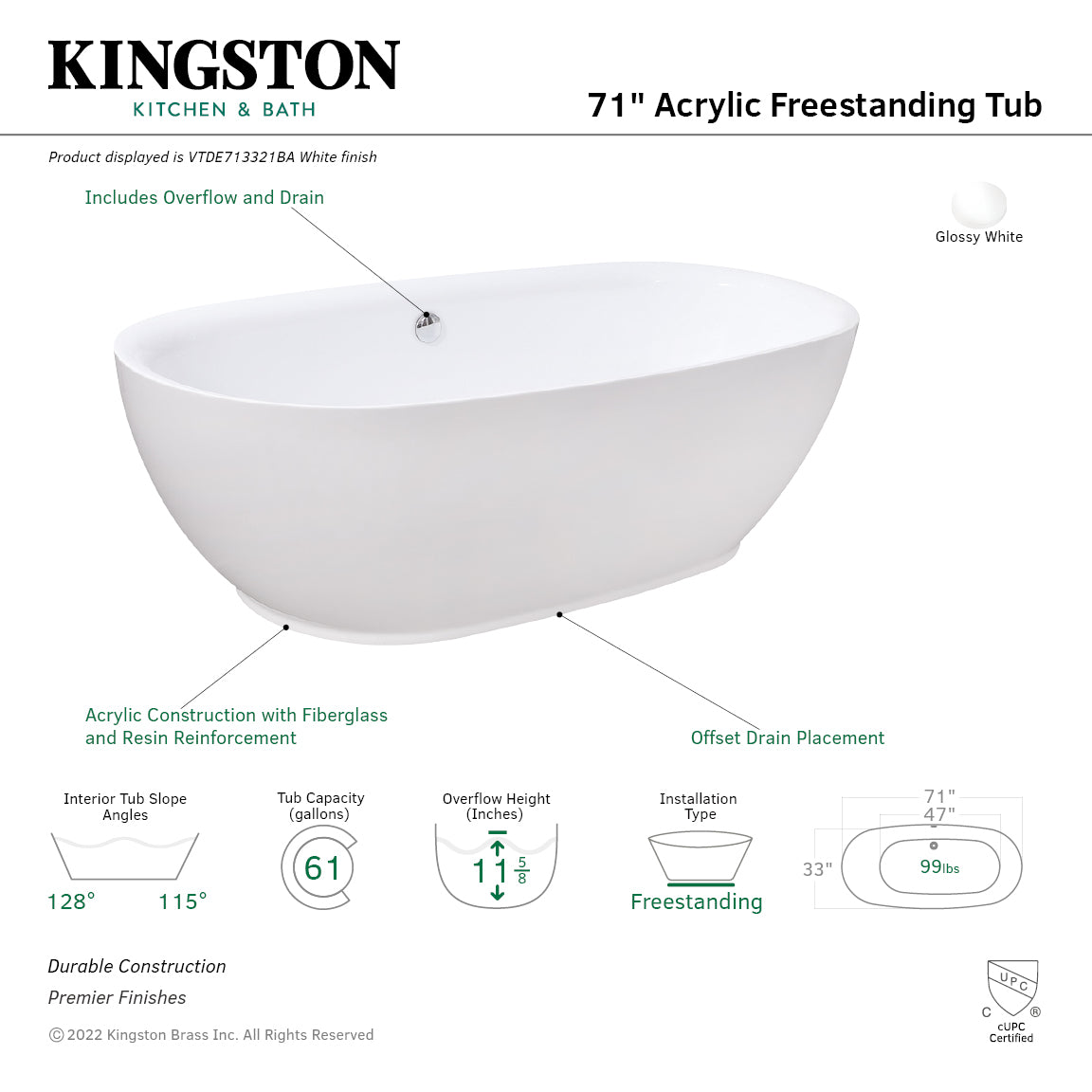 Aqua Eden 71-Inch Acrylic Oval Freestanding Bathtub - Double Ended Soaking Tub with Drain - Glossy White Finish for Luxury Bathroom & Spa Relaxation