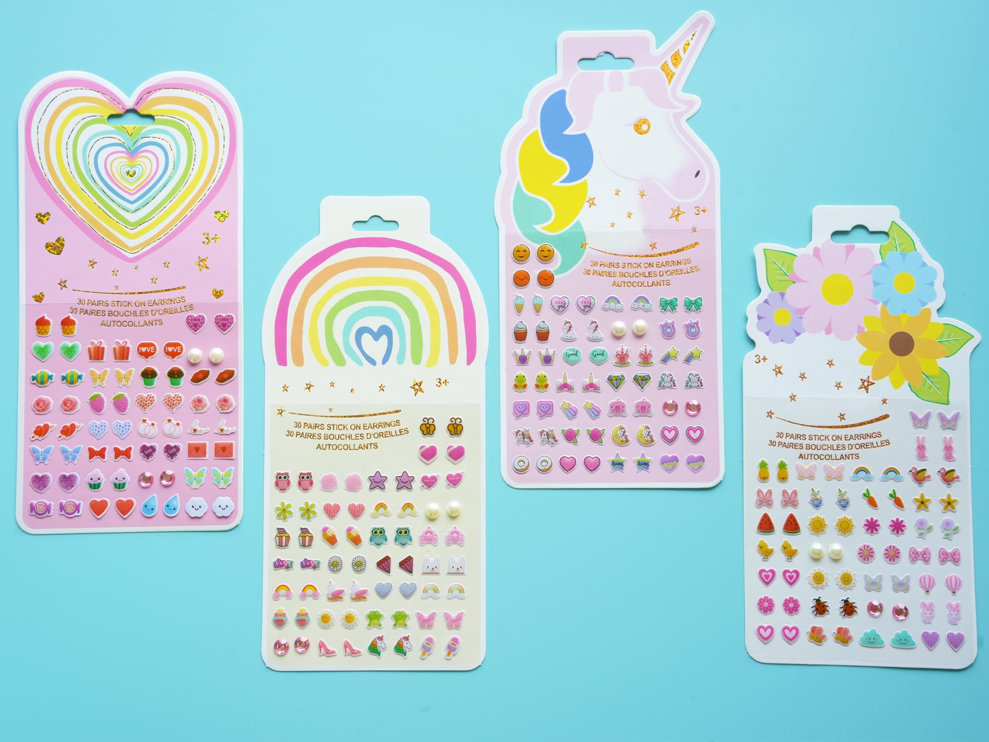 3D Unicorn Stick On Earrings for Girls - Self-Adhesive Fake Earrings with Gem Stickers (Multistyle Theme Sets-02) - Perfect for Parties, Costumes & Kids Crafts
