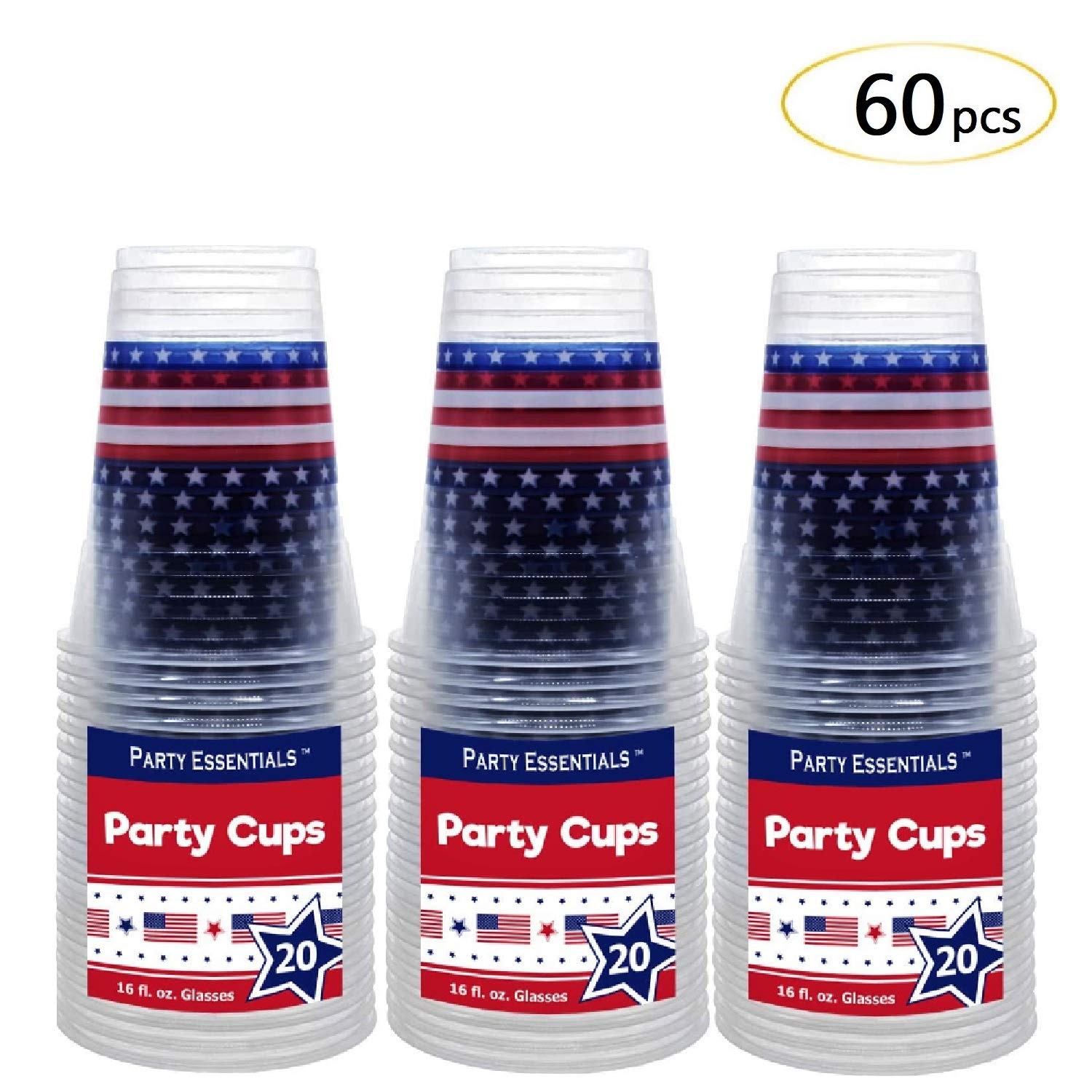 16-Oz Patriotic Stars & Stripes Plastic Party Cups - Bulk Pack of 60 Disposable Drinkware for 4th of July, Memorial Day & Summer BBQs - Perfect for Outdoor Celebrations & Red White Blue Themed Events