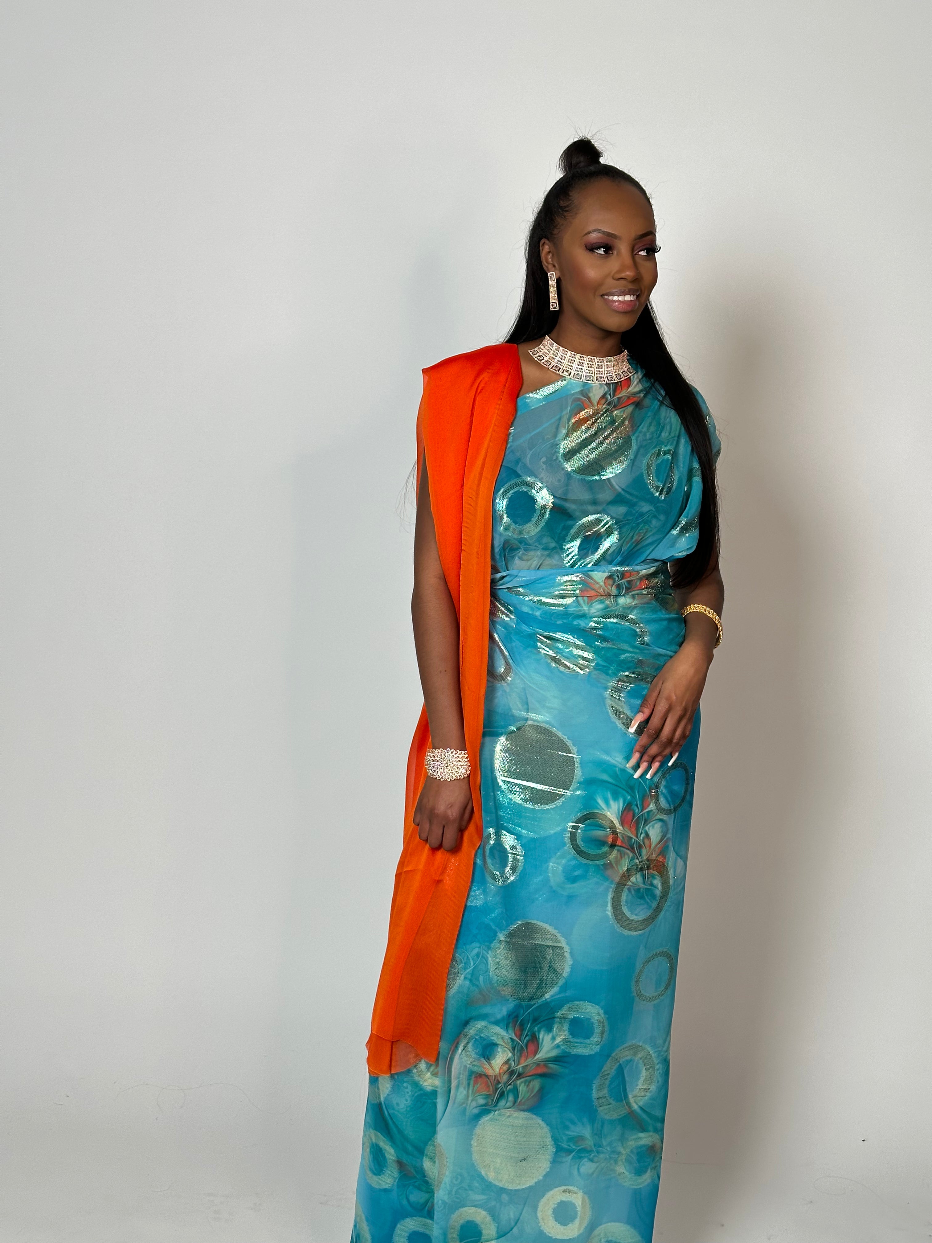 Aqua Blue and Orange Somali Dirac Guuntino Scarf - Lightweight Summer Shawl for Women, Beach Cover-Up, Boho Fashion Accessory