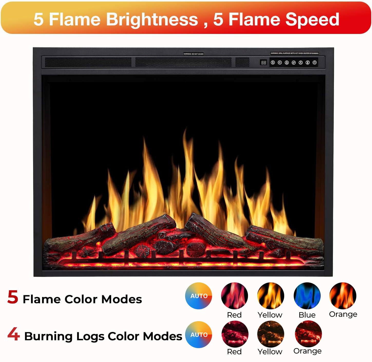R.W.FLAME 37-Inch Electric Fireplace Insert - Adjustable Flame Colors, Log Colors, Speed & Brightness - 750W/1500W with Remote Control - Perfect for Living Room, Bedroom & Office Heating & Ambiance