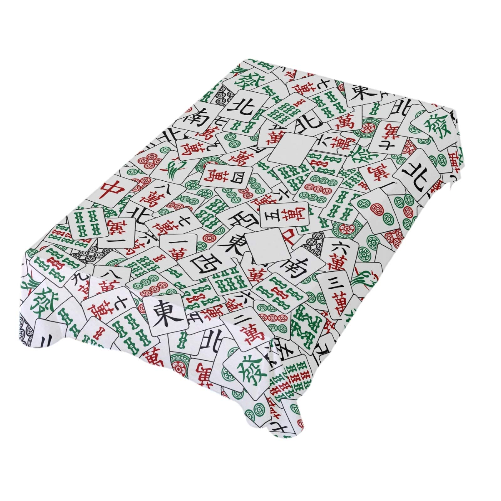 White Chinese Mahjong Pattern Polyester Tablecloth 60x108 Inch - Rectangle Dining Table Cover for Parties, Dinner Decor & Asian-Themed Events