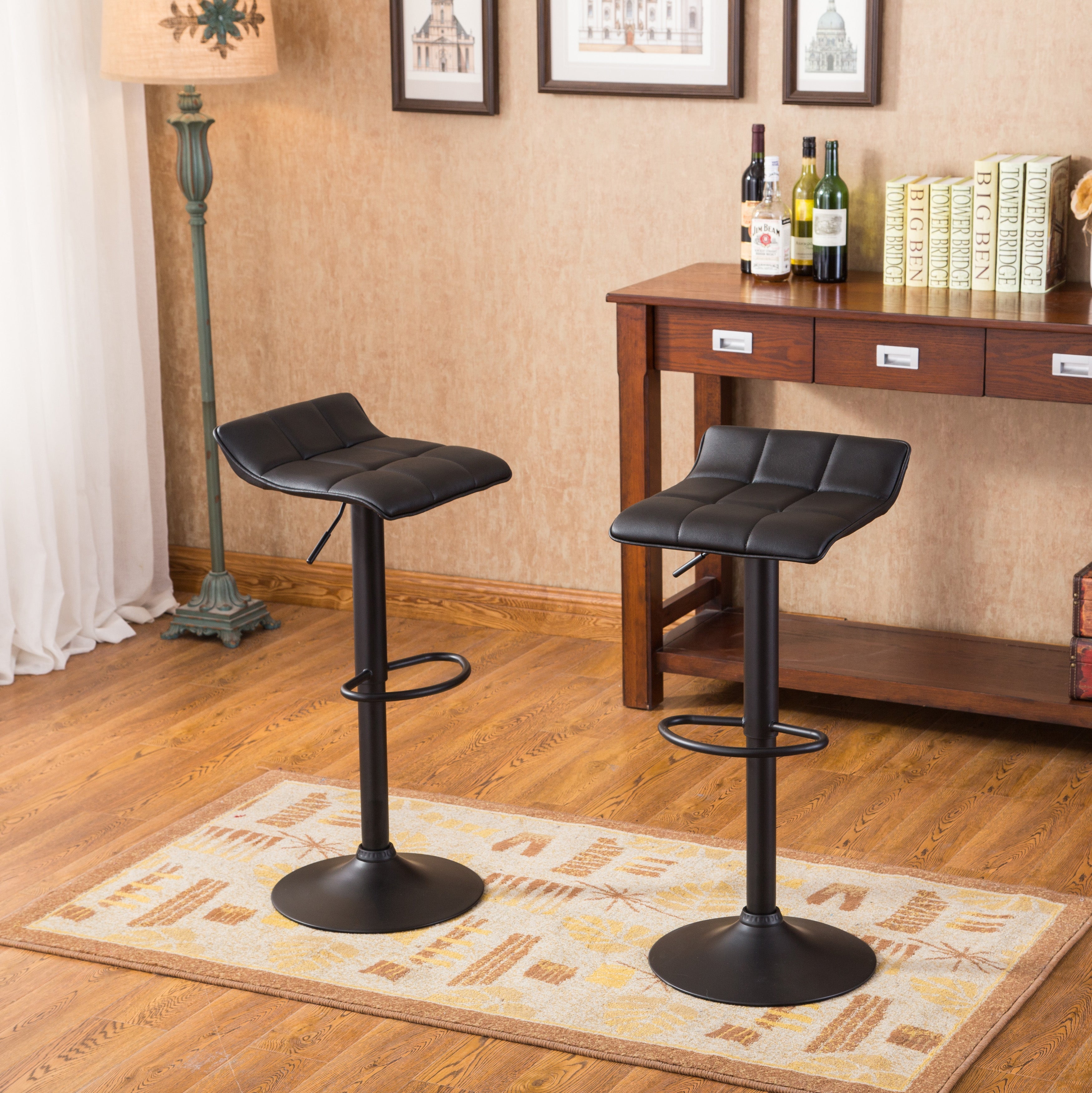Roundhill Furniture Belham Swivel Adjustable Bar Stool Set of 2 - Black Bonded Leather Counter Height Stools for Kitchen Island, Breakfast Bar & Home Pub Decor