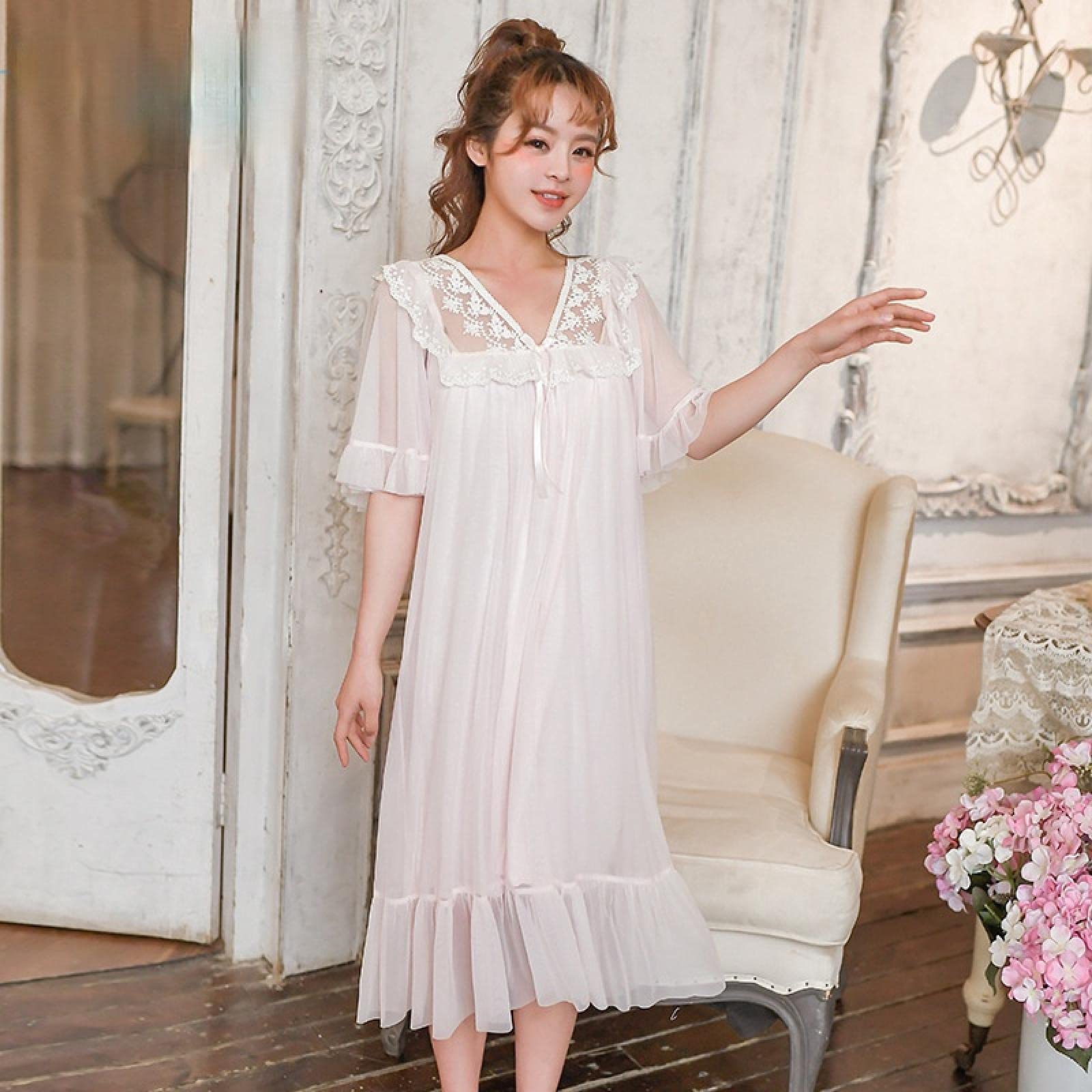 STJDM Women's Summer Lace Mesh Nightgown - Short Sleeve Princess Sleepwear for Ladies & Girls (One Size, Pink) | Comfortable Night Dress for Sleepovers, Vacation & Relaxing at Home