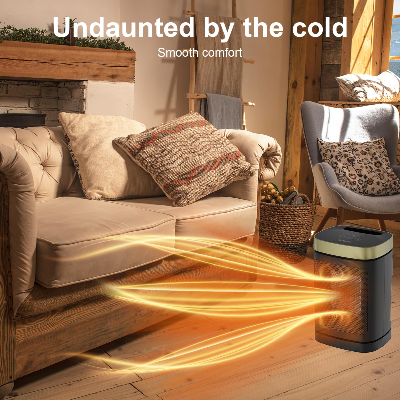 JIBUFI 1500W PTC Electric Space Heater - Portable Indoor Heater with 70° Rotation, Remote Control & 1-12 Hour Timer - Perfect for Bedroom, Office & Home Use - Energy Efficient & Quiet Heating Solution (Black/Gold)