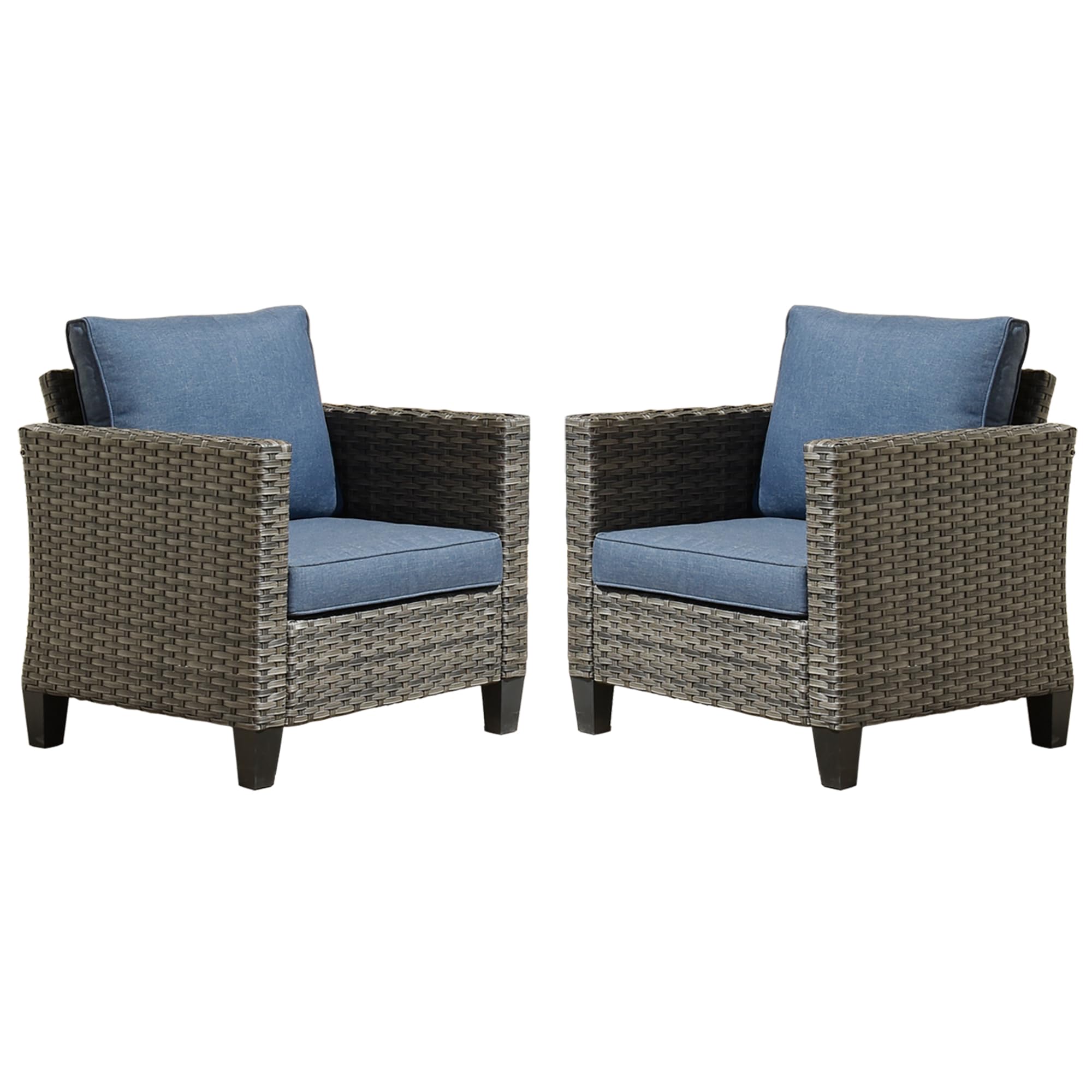 2-Piece Patio Chair Set - All-Weather Wicker Rattan Outdoor Chairs with Comfortable Cushions - High Back Porch Chairs for Balcony, Deck, Garden - Denim Blue - Perfect for Relaxing, Entertaining & Outdoor Dining