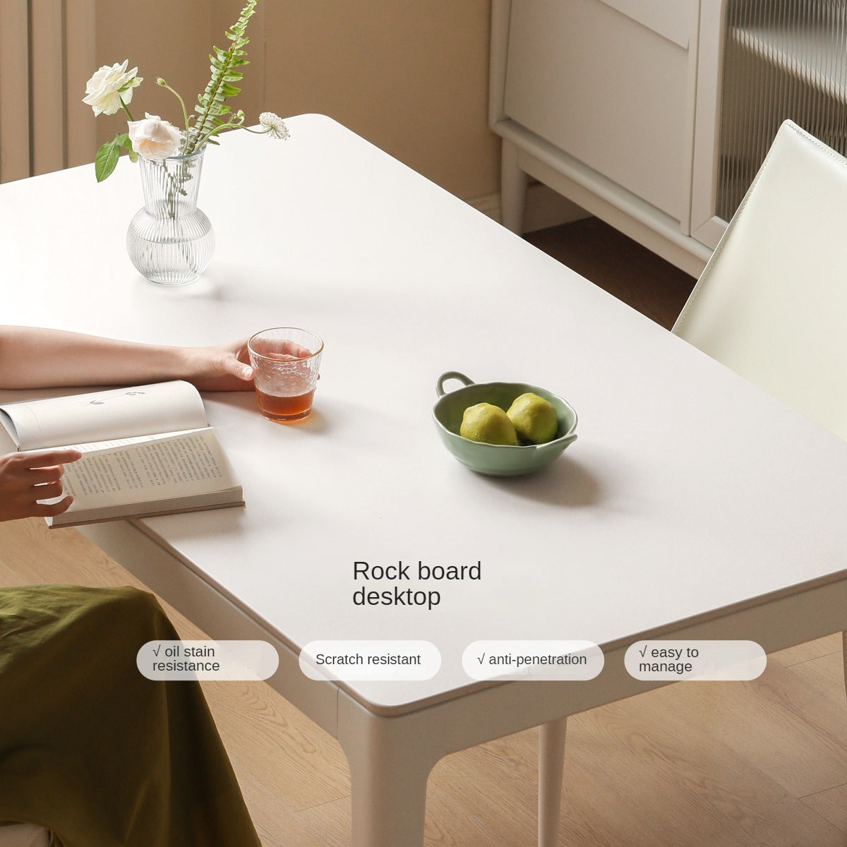 Birch Solid Wood Dining Table - White Cream Rock Plate Design for Modern Farmhouse & Rustic Kitchen Decor | Perfect for Family Gatherings & Dinner Parties