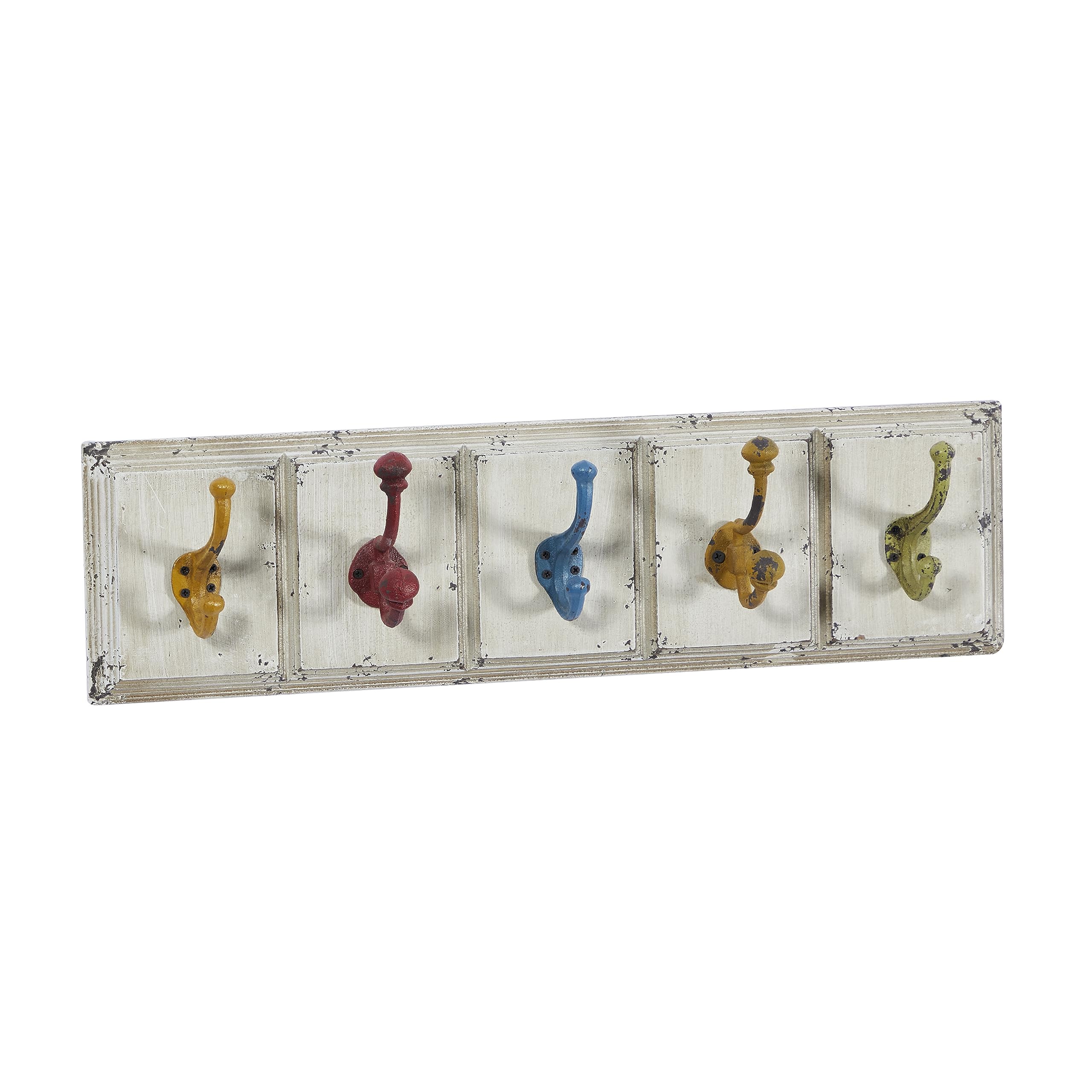 Deco 79 Wooden Wall Hooks with Multi-Colored Hangers - 5 Pack, 24