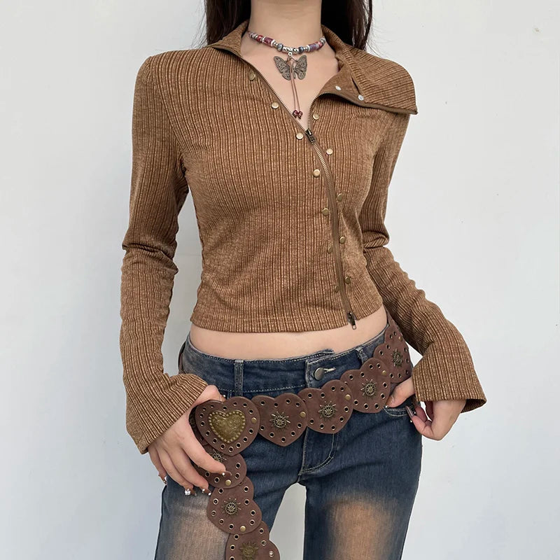 Vintage Asymmetrical Skinny Crop Top Jacket for Women - Fashionable Zipper Rivet Chic Shirts & Outerwear | Perfect for Autumn Outfits, Casual Wear, and Night Out Looks