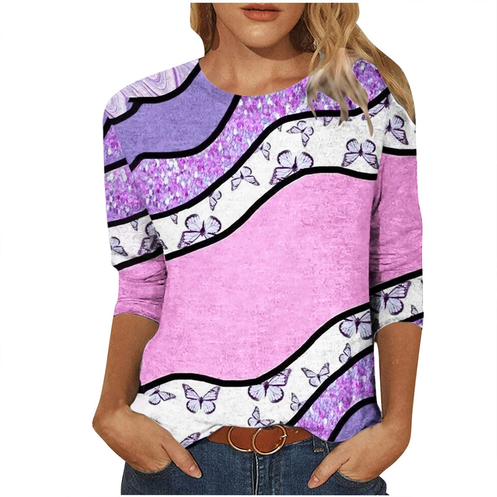 Women's 3/4 Sleeve Marble Print Blouse - Casual Loose Fit Lightweight T-Shirt Top for Women | Perfect for Office, Date Night & Summer Outings