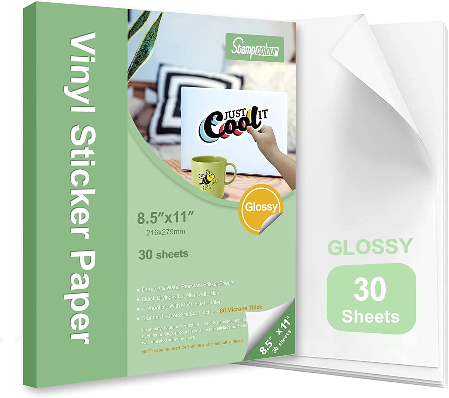Premium Printable Vinyl Sticker Paper - Glossy White Self-Adhesive Waterproof Decal Sheets - Fast Drying, Vibrant Colors & Tear Resistant - Compatible with Epson, HP, Canon, Sawgrass Inkjet & Laser Printers (30 Sheets) - Perfect for DIY Crafts, Laptop Decals, Water Bottles & Product Labeling
