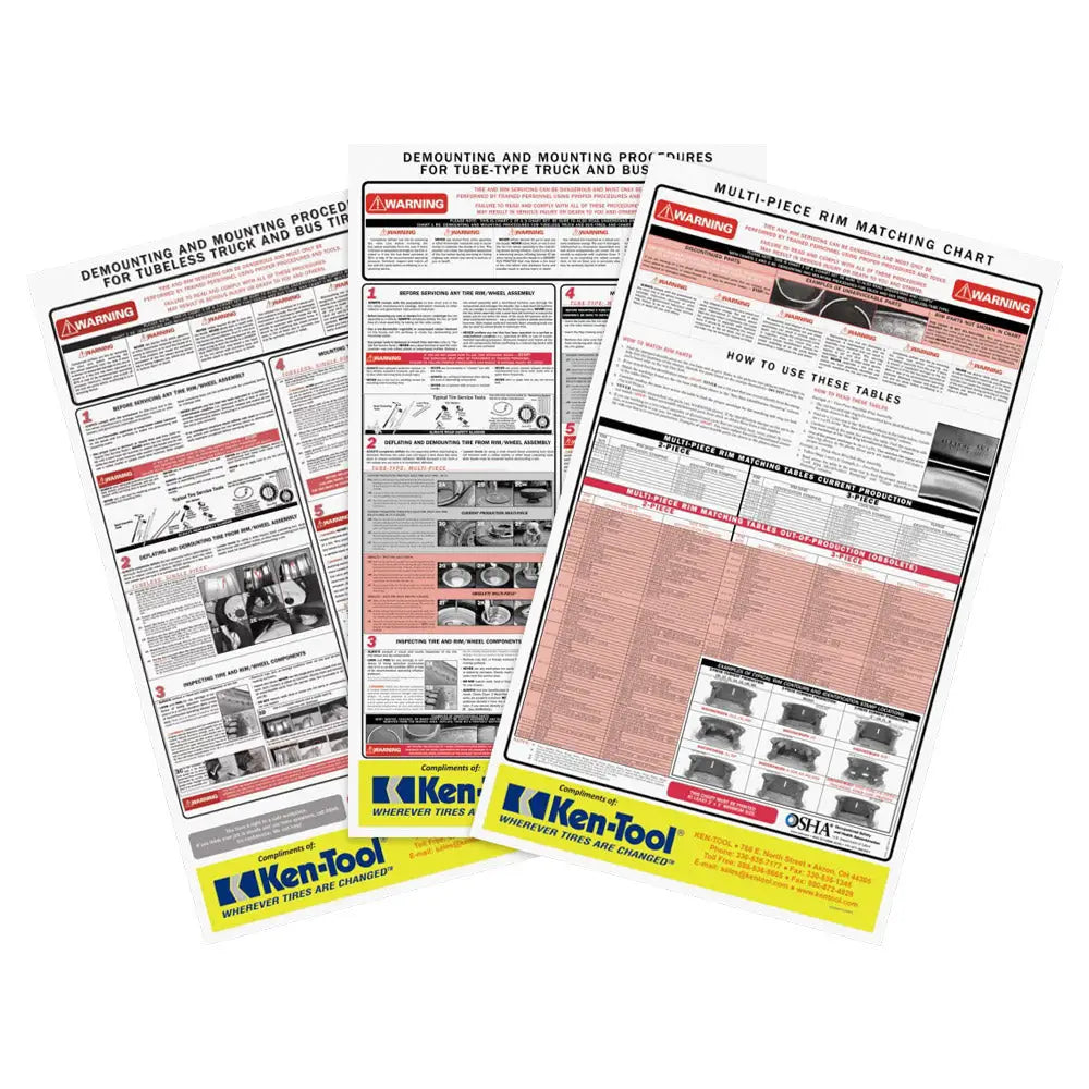 Ken Tool OSHA Approved Tire Mount/Demount Charts (3-Piece Set) - Essential for Auto Repair Shops & Tire Service Professionals