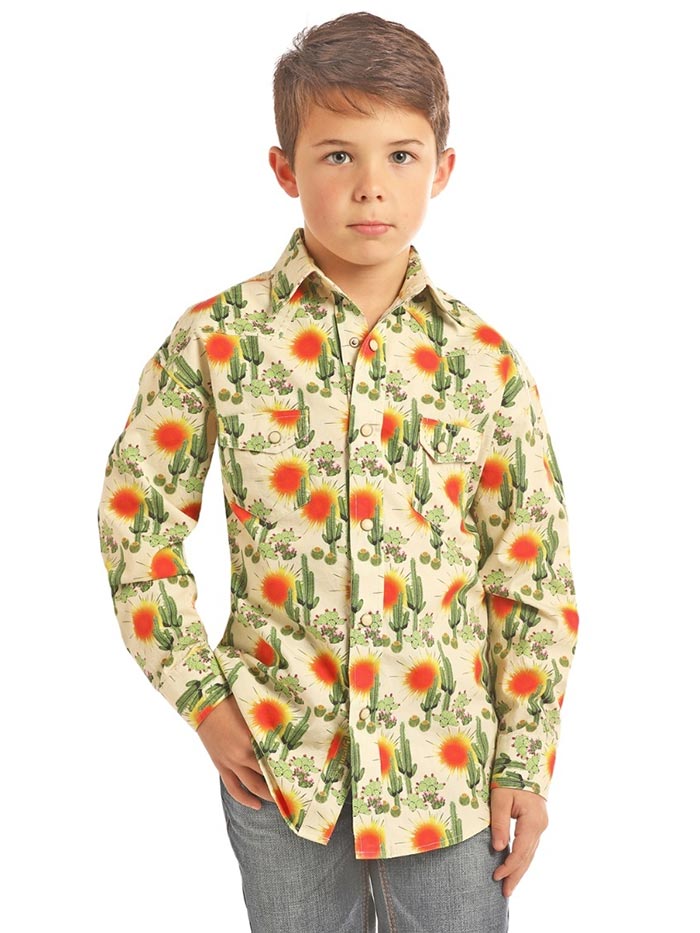 Panhandle B8S2330 Kids Cactus Print Long Sleeve Snap Button Shirt - Soft Mineral Wash Cotton Top for Boys & Girls - Perfect for School, Playdates & Outdoor Adventures