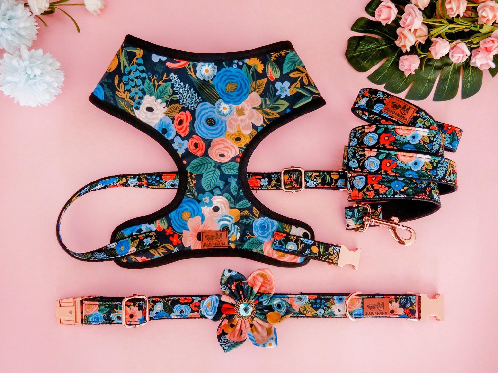 Rifle Paper Co Dog Harness Set - Garden Party Navy Design, Adjustable Pet Harness for Small & Medium Dogs | Perfect for Walks, Outdoor Adventures & Stylish Pet Fashion