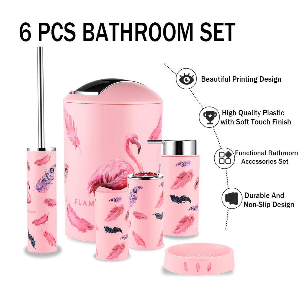 6-Piece Plastic Bathroom Accessories Set - Toothbrush Holder, Cup, Soap Dish, Hand Sanitizer Bottle, Trash Can & Toilet Brush (Flamingo Design) - Perfect for Bathroom Organization and Home Decor