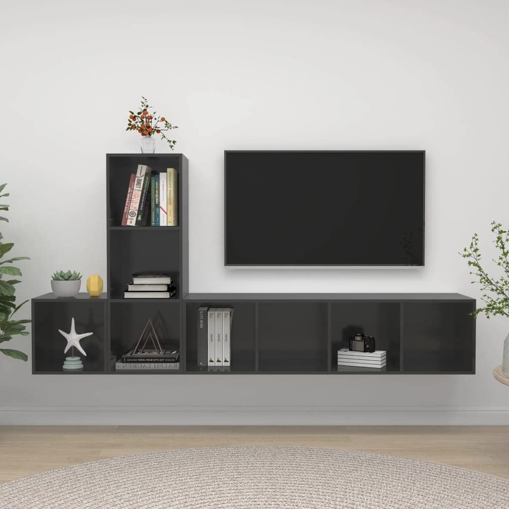 3 Piece Modern Entertainment Center Media Cabinet - High Gloss Gray TV Stand with Storage for Living Room, Bedroom & Office | Perfect for Organizing TV, Gaming Consoles & Home Decor