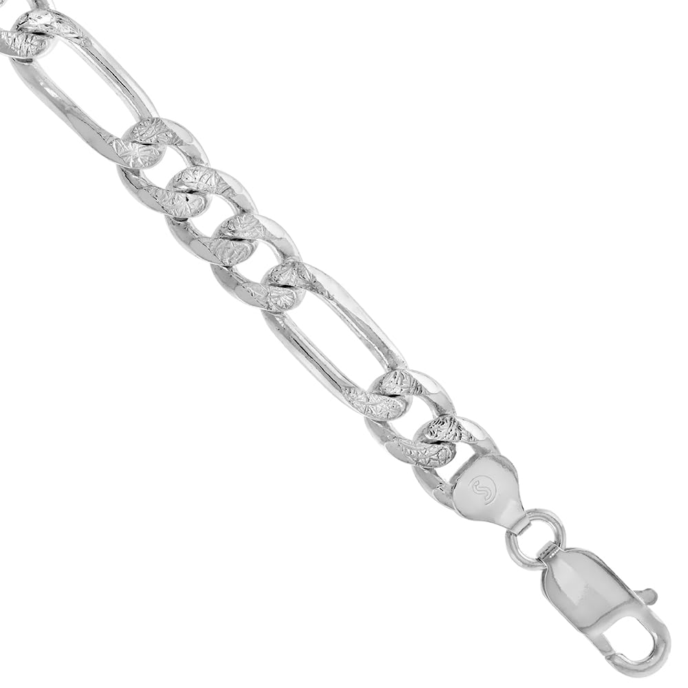 Sterling Silver Figaro Link Chain Necklace & Bracelet Set - 8mm Pave Diamond Cut, Nickel Free, Made in Italy (7-30 Inch) - Perfect for Gifts, Weddings, and Everyday Elegance