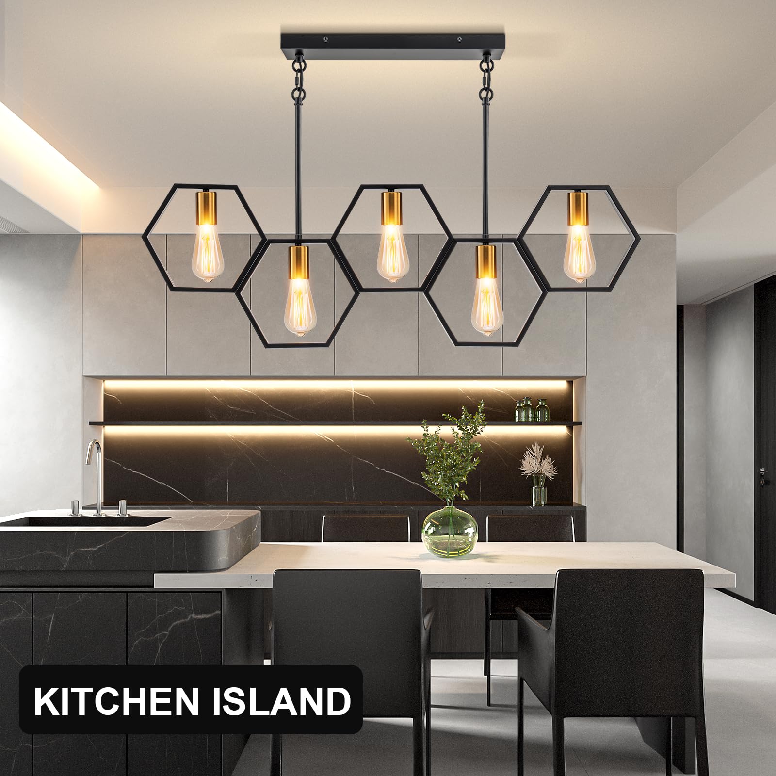 Farmhouse 5-Light Kitchen Island Chandelier - Adjustable Height Industrial Rectangular Pendant Light for Dining Room & Pool Table (Black/Gold) - Perfect for Farmhouse Decor, Kitchen Islands, and Game Room Lighting