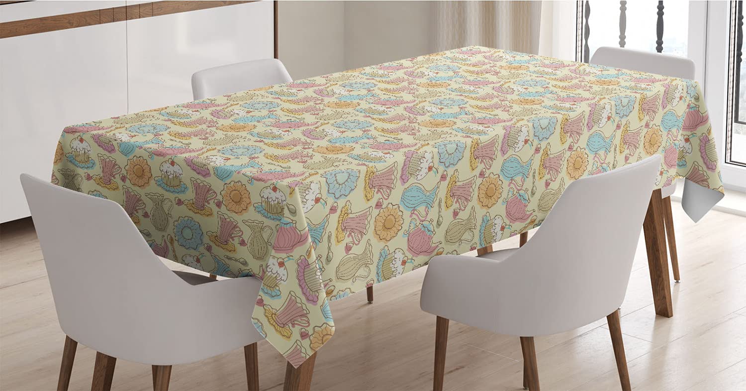Ambesonne Tea Party Tablecloth - Hand Drawn Cake Design, 60x90 Inch Satin Table Cover for Dining & Kitchen Decor