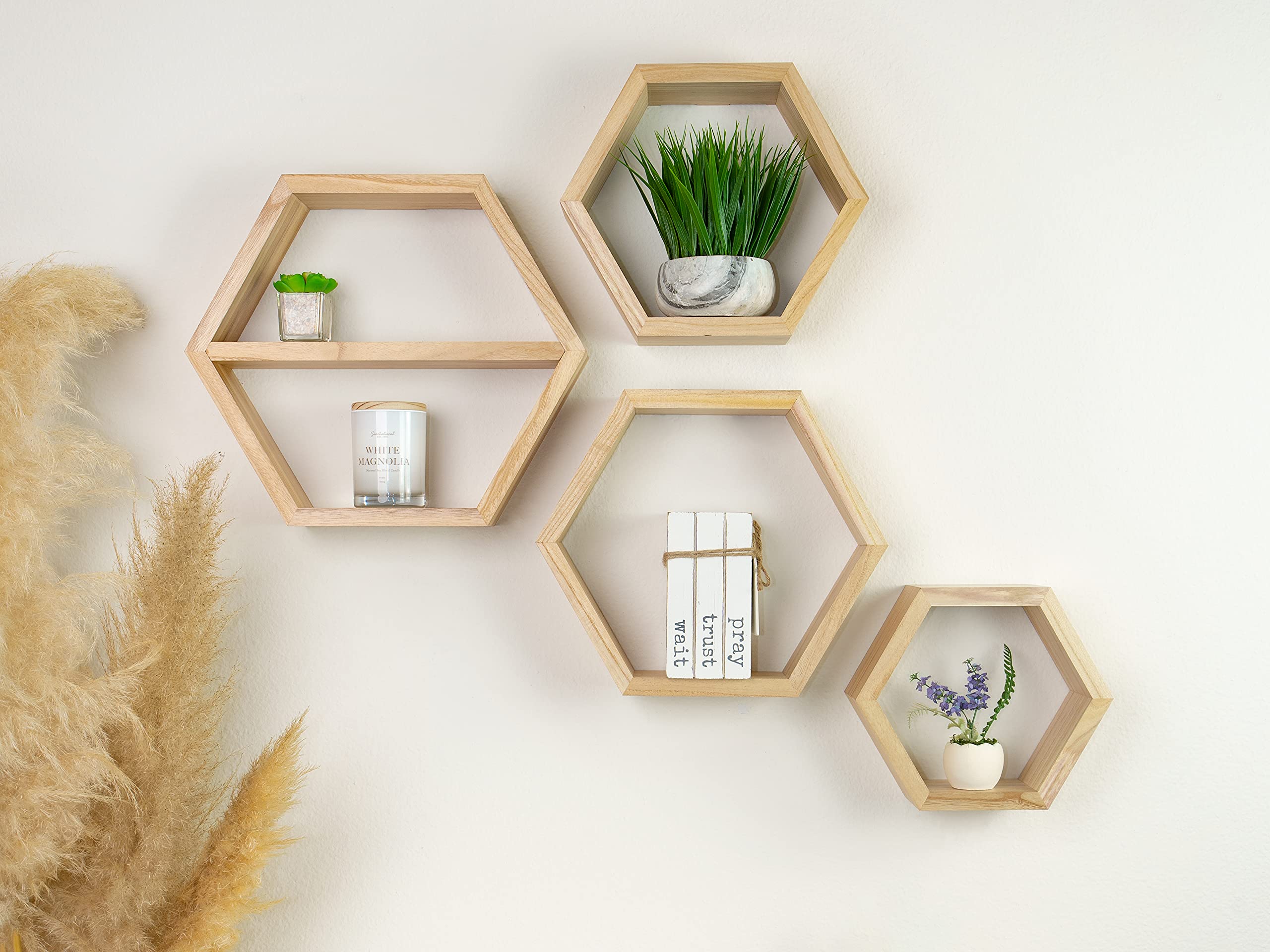 Hexagon Floating Shelves Set of 4 - Natural Wood Honeycomb Wall Shelves for Home Decor - Geometric Hexagonal Shelves for Living Room, Bedroom & Office Organization