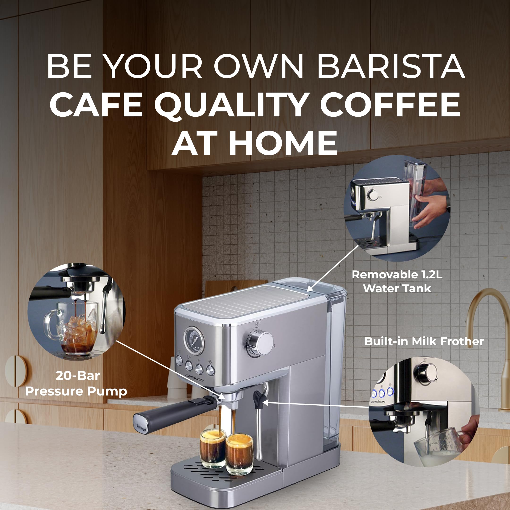 Epsilon 20-Bar Compact Espresso Machine with Milk Frother & Steam Wand - 1.2L Removable Water Tank, Hot/Iced Coffee & Cold Brew Maker - Stainless Steel - Perfect for Home, Office & Small Cafes