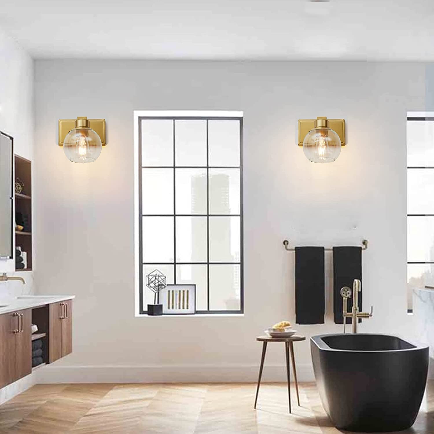 Brushed Brass Wall Sconces Set of 2 - Clear Glass Lamp for Bedroom, Bathroom & Living Room Lighting