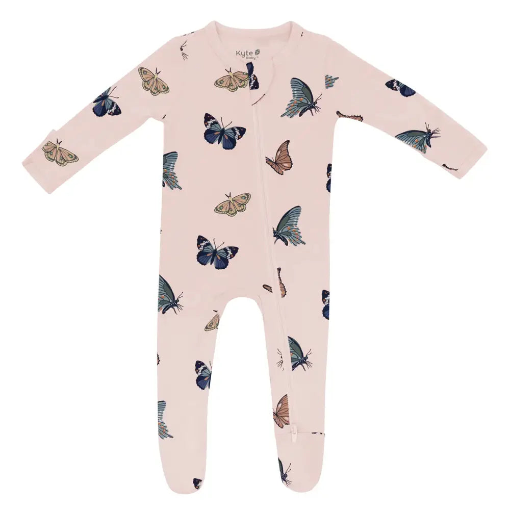 Kyte Baby Blush Butterfly Printed Zippered Footie Pajamas - Soft Organic Cotton Baby Sleepsuit for Newborn & Infant - Perfect for Bedtime, Lounging & Photo Shoots
