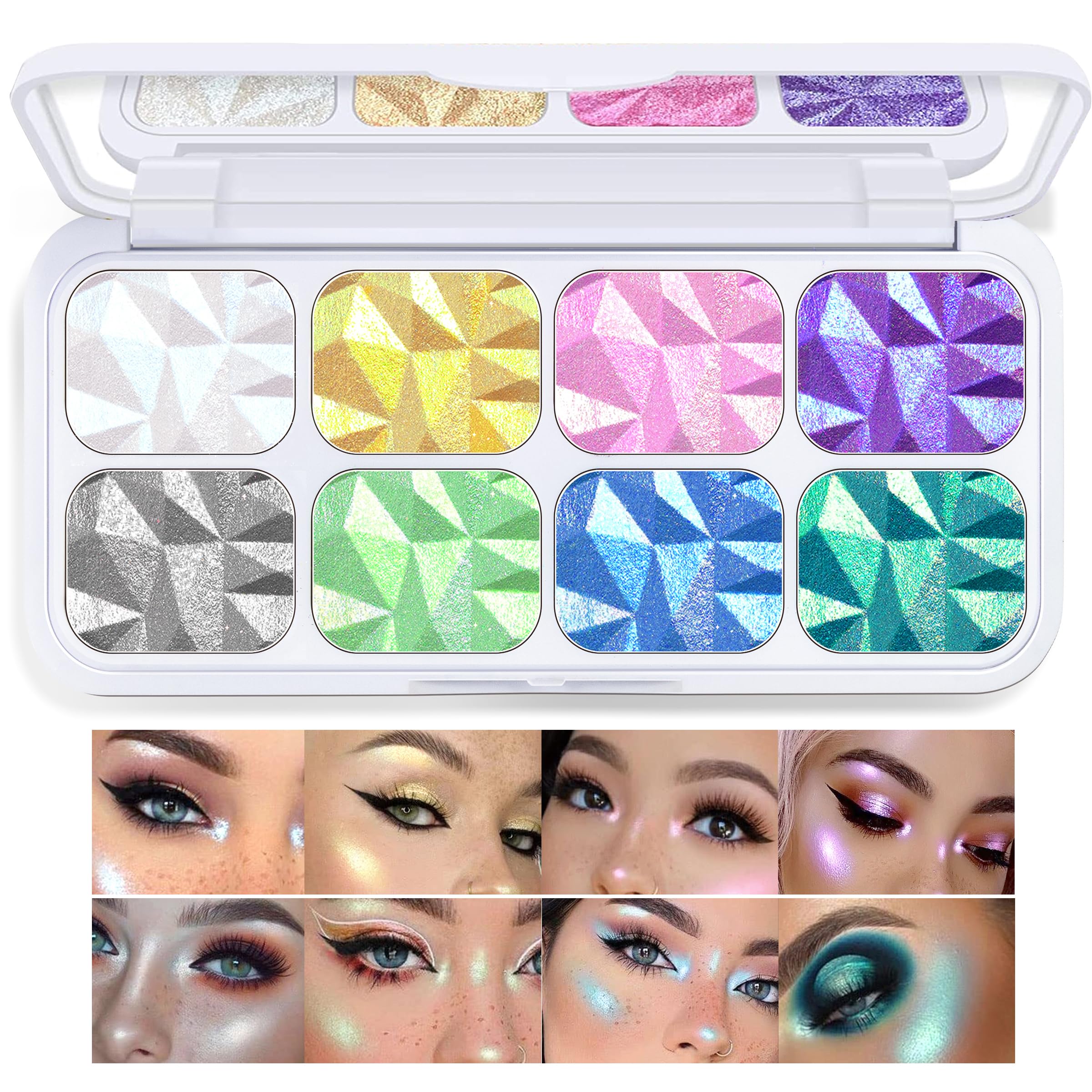 8-Color Face Highlighter Makeup Palette with Diamond Glitter - Intense Chameleon Eyeshadow & Rainbow Shimmer - Metallic Contour Bronzer for Cheeks, Nose & Body - Perfect for Party, Festival & Night Out Makeup