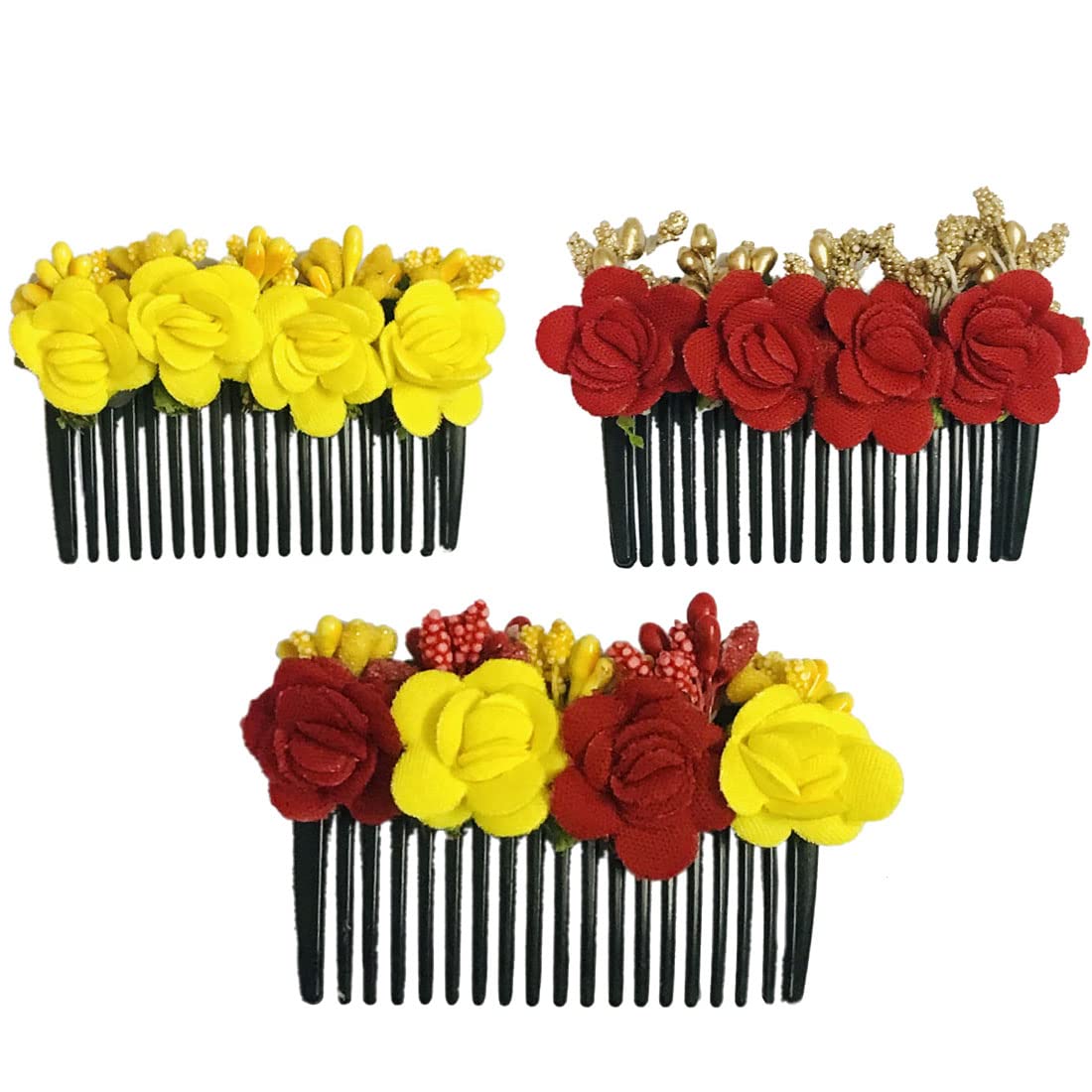 Gadinfashion™ Artificial Flower Hair Side Comb - Juda Comb for Women & Girls | Yellow & Red Pack | Wedding, Party & Bridal Hair Accessories