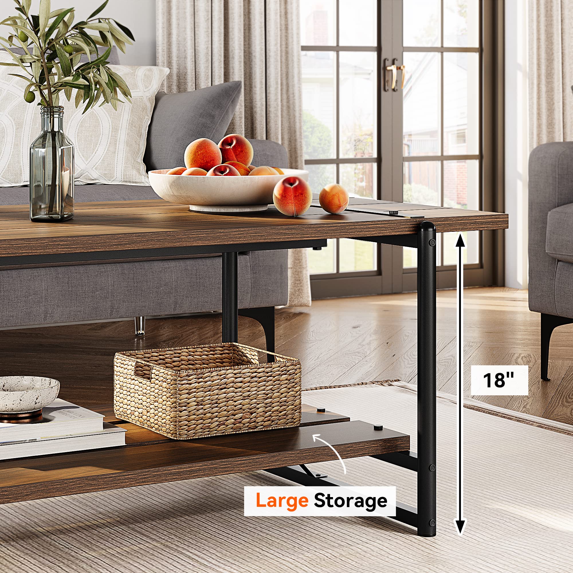 2-Tier Farmhouse 41'' Large Gray Wood Coffee Table with Storage Shelf - Modern Rustic Metal Rectangle Center Table for Living Room, Home Office - Easy Assembly (Walnut Brown) - Perfect for Small Spaces, Family Gatherings & Cozy Home Decor