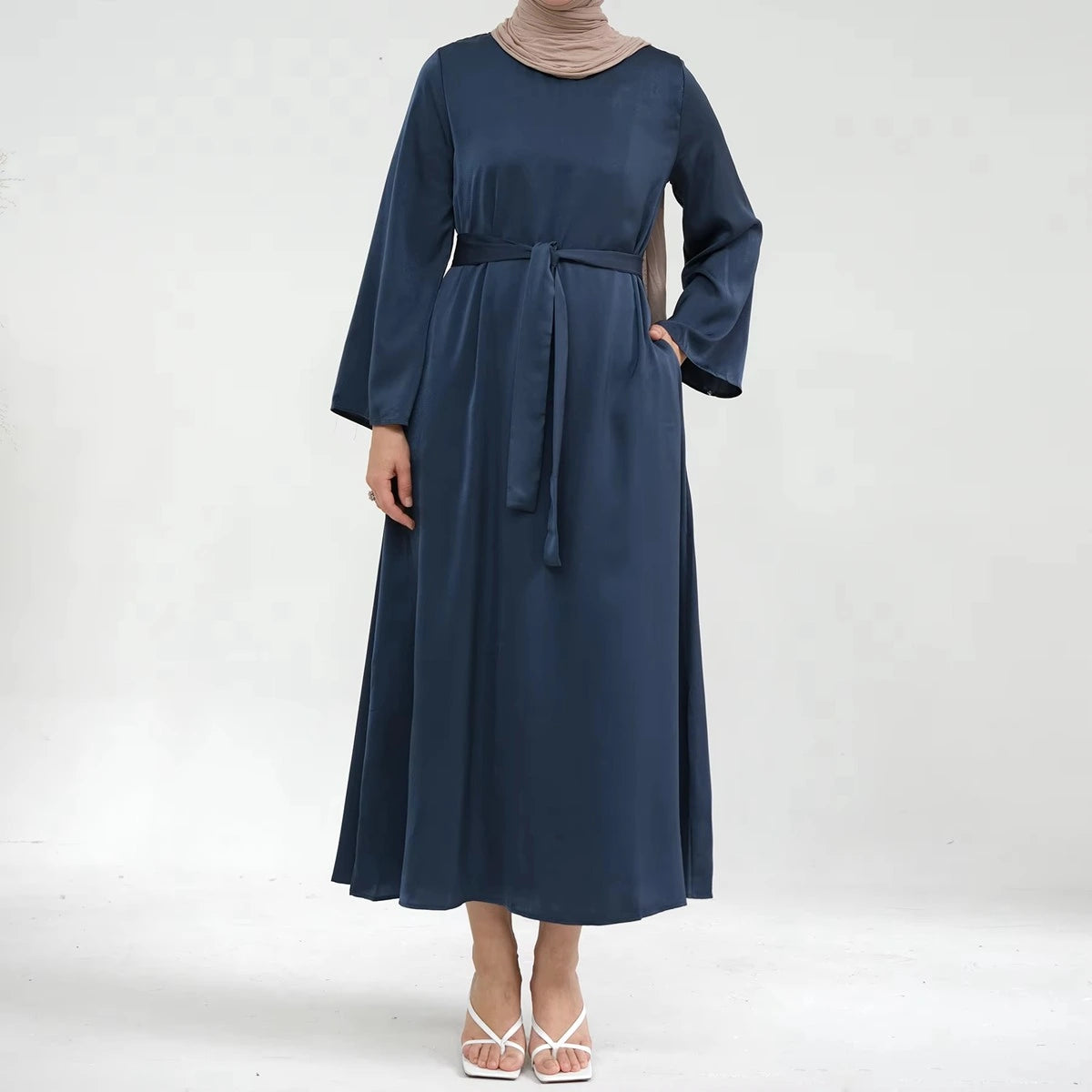 Elegant Muslim Women's Solid Color Satin Abaya Dress with Pocket & Belt - Perfect for Prayer, Eid, and Special Occasions