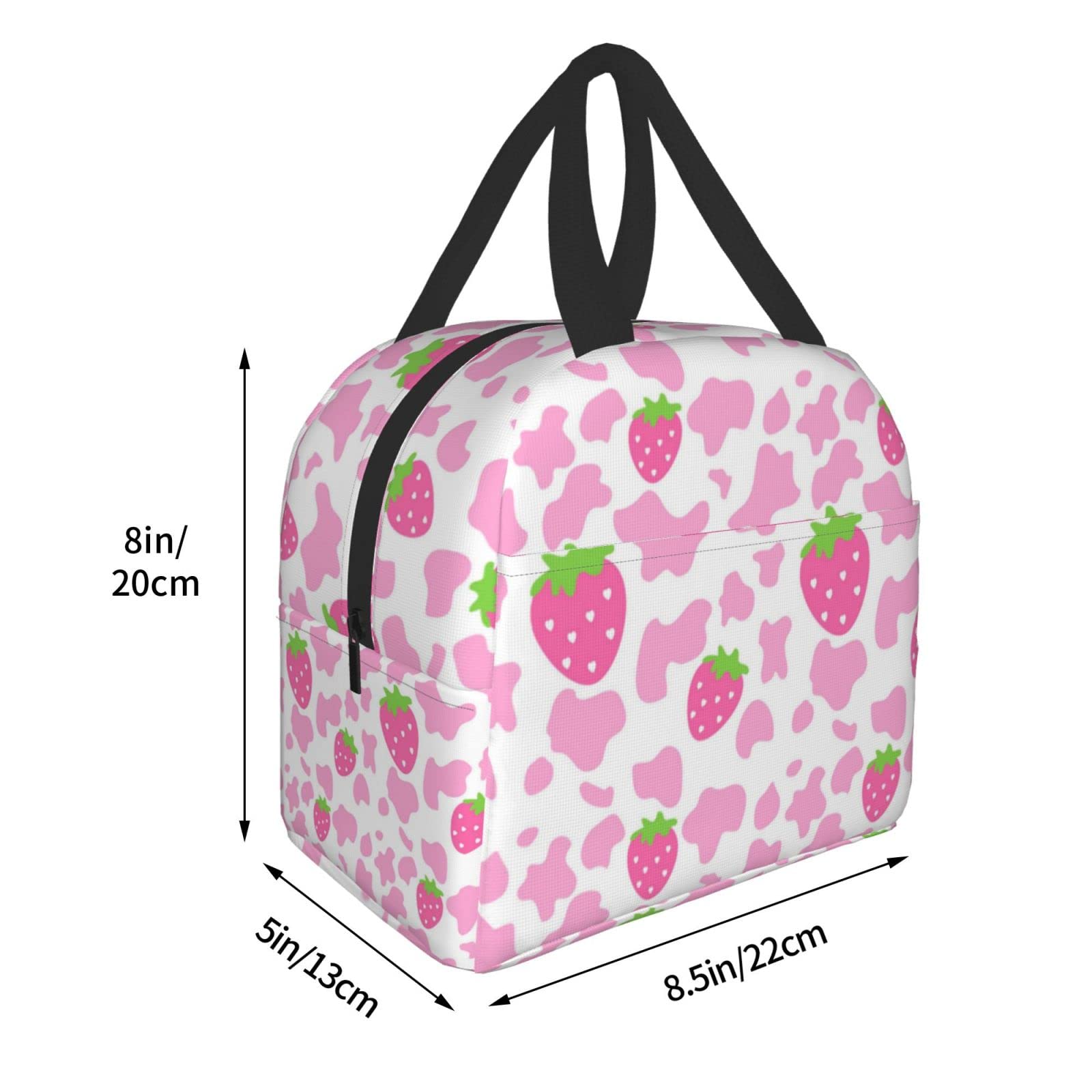 Strawberry Milk Print Insulated Lunch Box - Cute Kawaii Small Reusable Lunch Bag for Women & Men - Perfect for School, Work, Picnics & Outdoor Activities