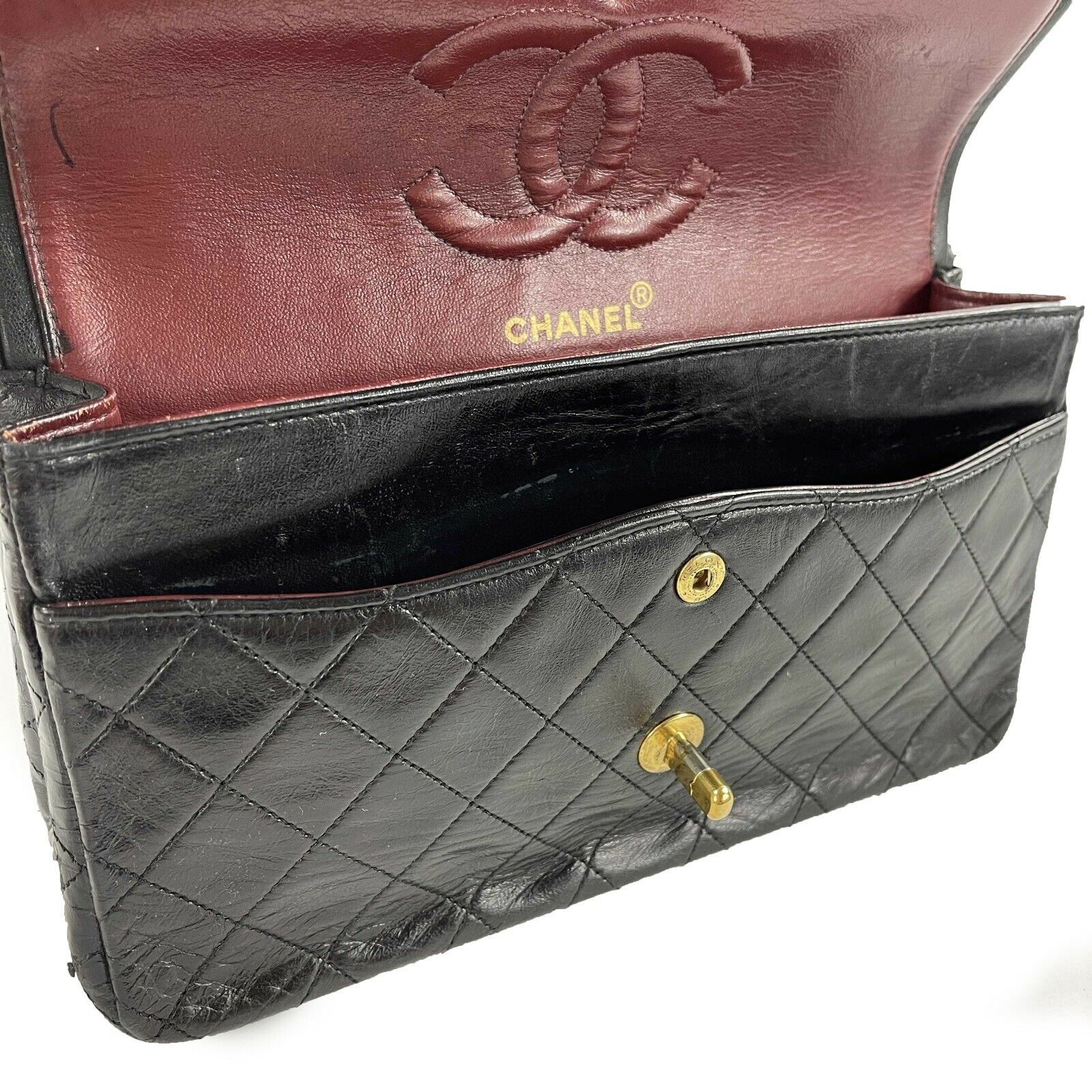 Vintage CHANEL Black & Gold CC Medium Double Flap Quilted Leather Shoulder Bag Crossbody Purse for Women | Luxury Designer Handbag for Evening Parties, Date Night & Special Occasions