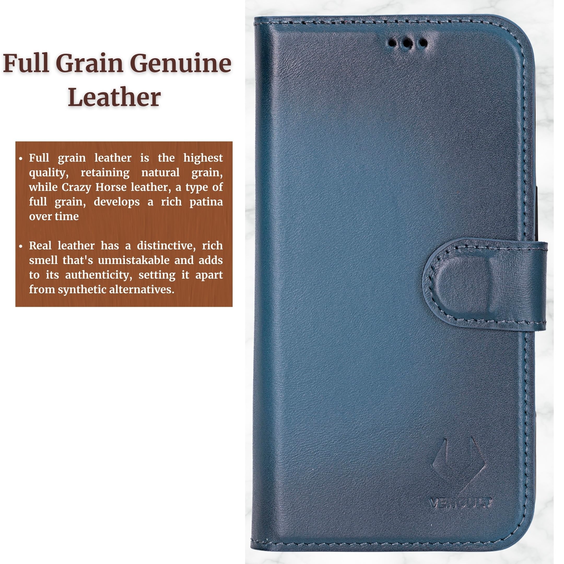 VENOULT Detachable Wallet Case for iPhone 15 Pro MAX - Genuine Leather Magsafe Compatible Cover with 4 Card Slots, RFID Protection & Kickstand | Slim Folio Design for Men & Women (Admiral Blue) | Perfect for Work, Travel & Everyday Use