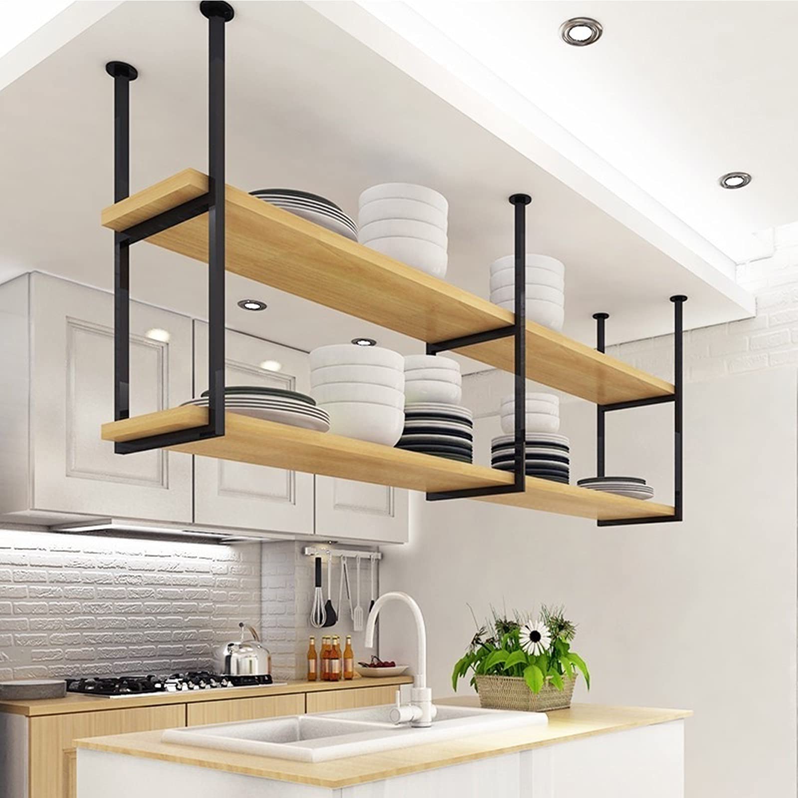 2-Tier Ceiling Hanging Wine Rack - Industrial Metal Floating Shelf for Wall Mounted Wine Storage | Rustic Wine Glass Holder & Decorative Overhead Shelving | Perfect for Kitchen, Bar, Dining Room & Home Decor