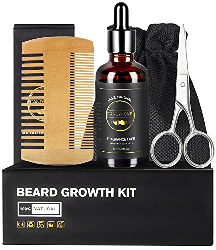 Premium Beard Growth Kit for Men - Natural Beard Oil, Wooden Comb & Stainless Steel Scissors | Stimulates Facial Hair Growth & Healthy Grooming | Perfect Gift for Dad, Husband, Boyfriend | Daily Care & Special Occasions