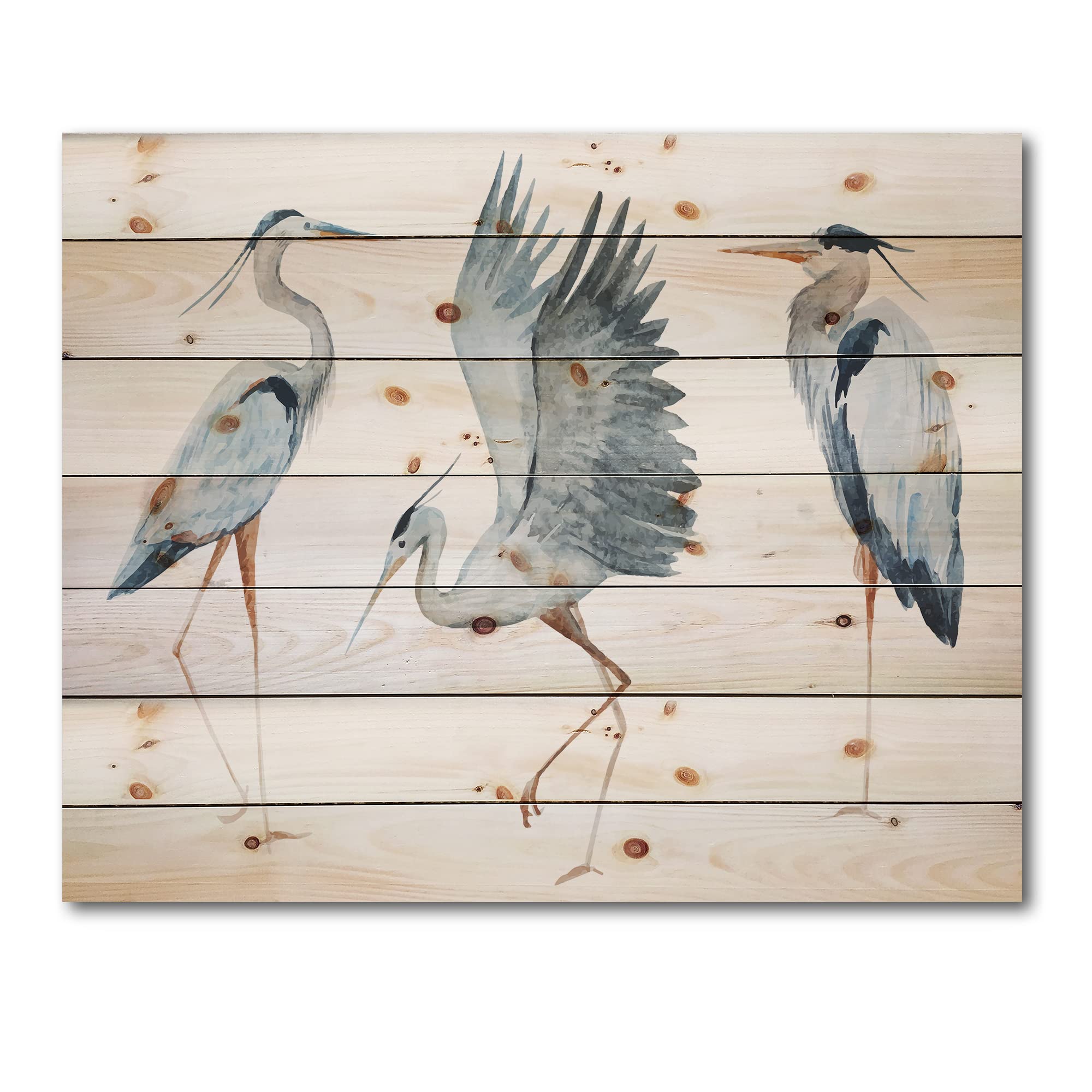 DesignQ Heron Birds II Traditional Wood Wall Decor - Blue Wood Wall Art, Large Animal Wood Panels Printed on Natural Pine - Perfect for Living Room, Bedroom & Office Decor