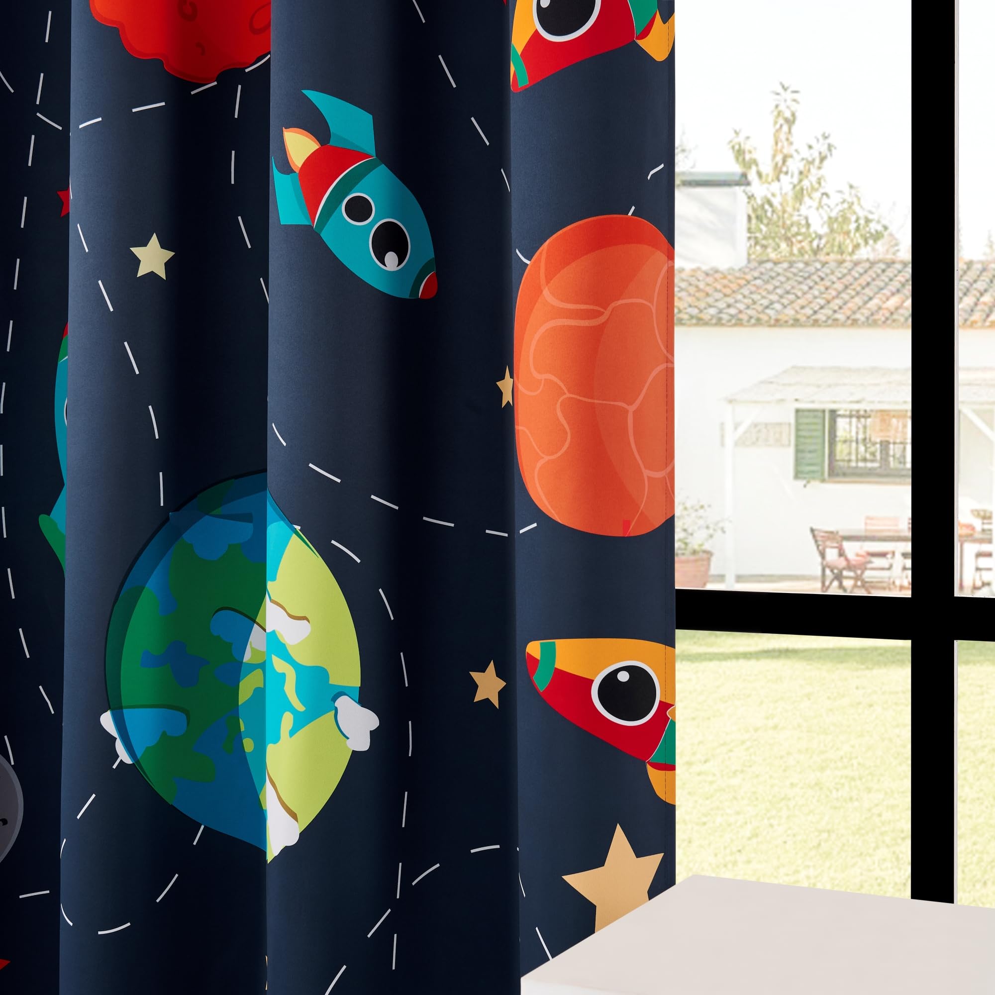 BOHOMOCASA Kids Space Themed Blackout Curtains - 100% Light Blocking for Nursery & Bedroom, Thermal Insulated Noise Reducing Window Drapes with Vibrant Galaxy Print (52x84 Inches, 2 Panels) - Perfect for Baby Rooms, Playrooms & Space-Themed Decor