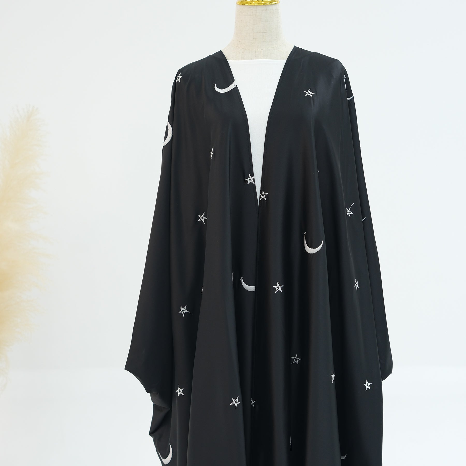 Elegant Hannah Moon Star Open Abaya - Black | Modest Muslim Prayer Dress for Women | Perfect for Prayer, Mosque, and Special Occasions