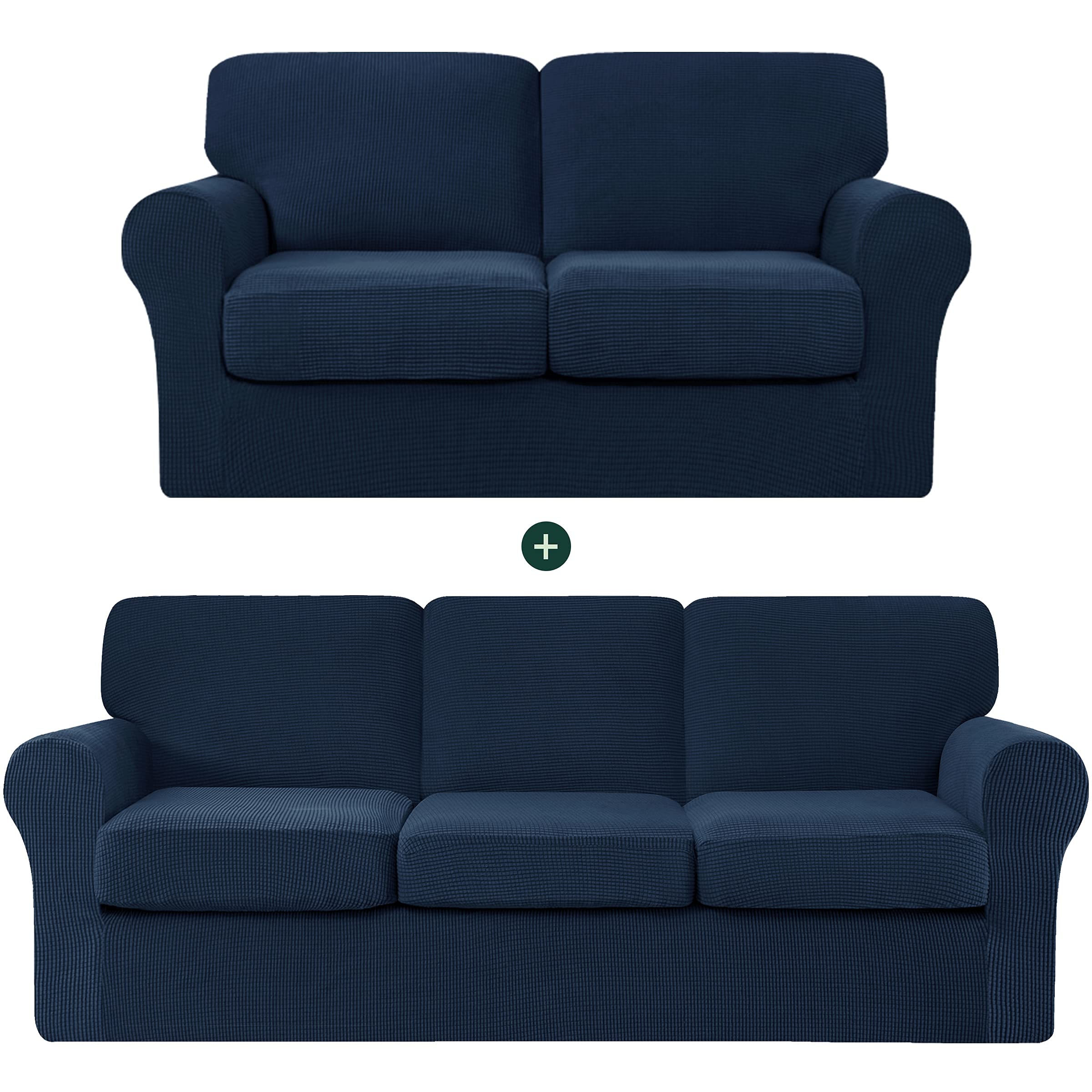 CHUN YI Loveseat Sofa Cover Set - Large Couch Slipcover with Removable Backrests & Cushions - Checkered Spandex Jacquard Fabric (Dark Blue) - Perfect for Living Room, Bedroom, or Office Furniture Protection