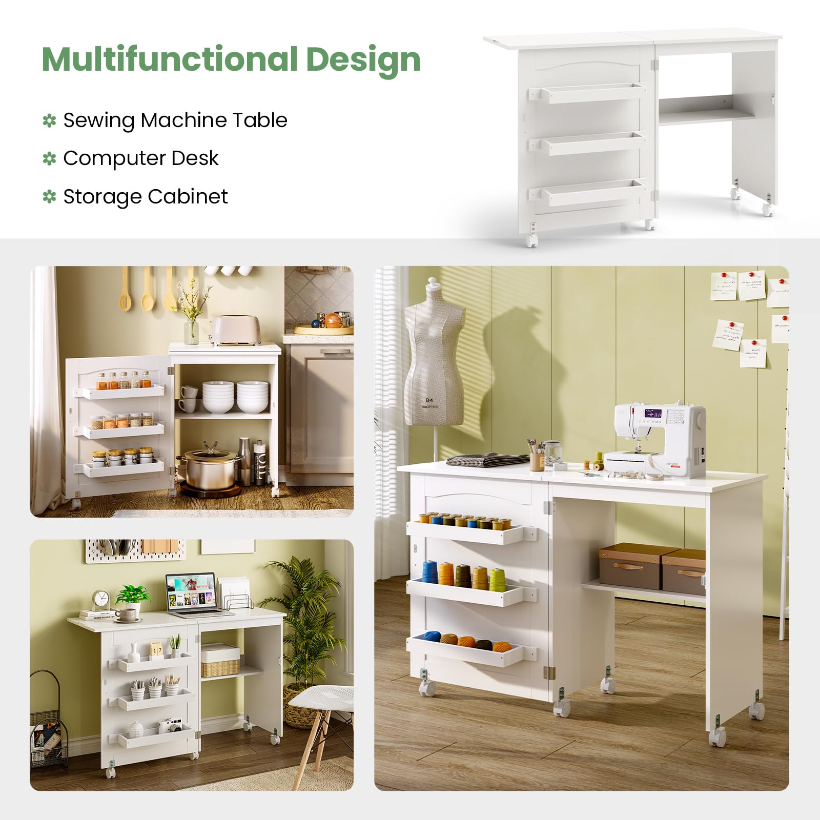 COSTWAY Folding Sewing Table with Lockable Wheels | Multipurpose Craft Station Desk & Display Cabinet with Storage Shelves | Rolling Sewing Machine Desk for Home & Apartment | Perfect for Quilting, DIY Projects & Small Space Organization (White)