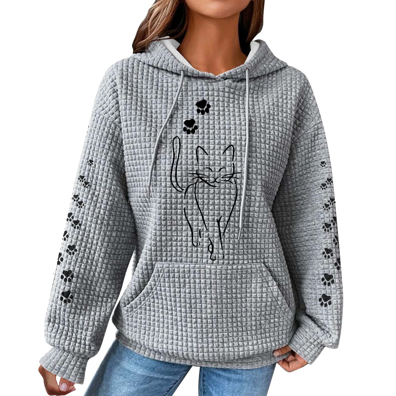 2024 Trendy Oversized Waffle Knit Hoodies for Women - Cute Cat Graphic Long Sleeve Drawstring Sweatshirt | Casual Pullover Top for Fall, Winter & Streetwear Fashion