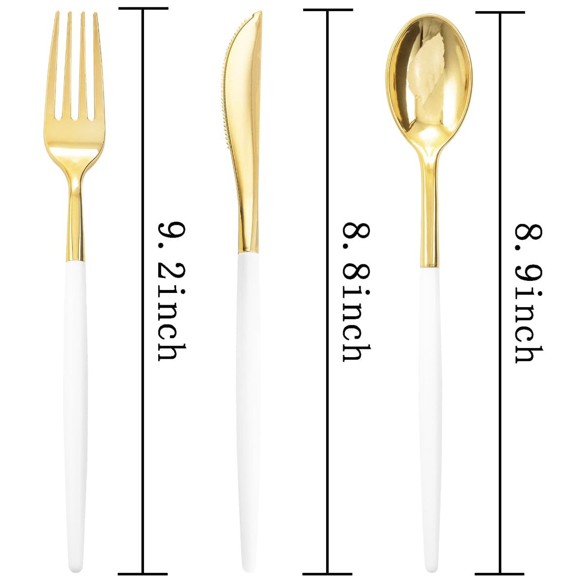 96 Pcs Gold Plastic Silverware Set - Disposable Gold Utensils with White Handle (32 Knives, 64 Spoons & Forks) for Wedding, Party, Catering & Events - Elegant Disposable Cutlery for Special Occasions