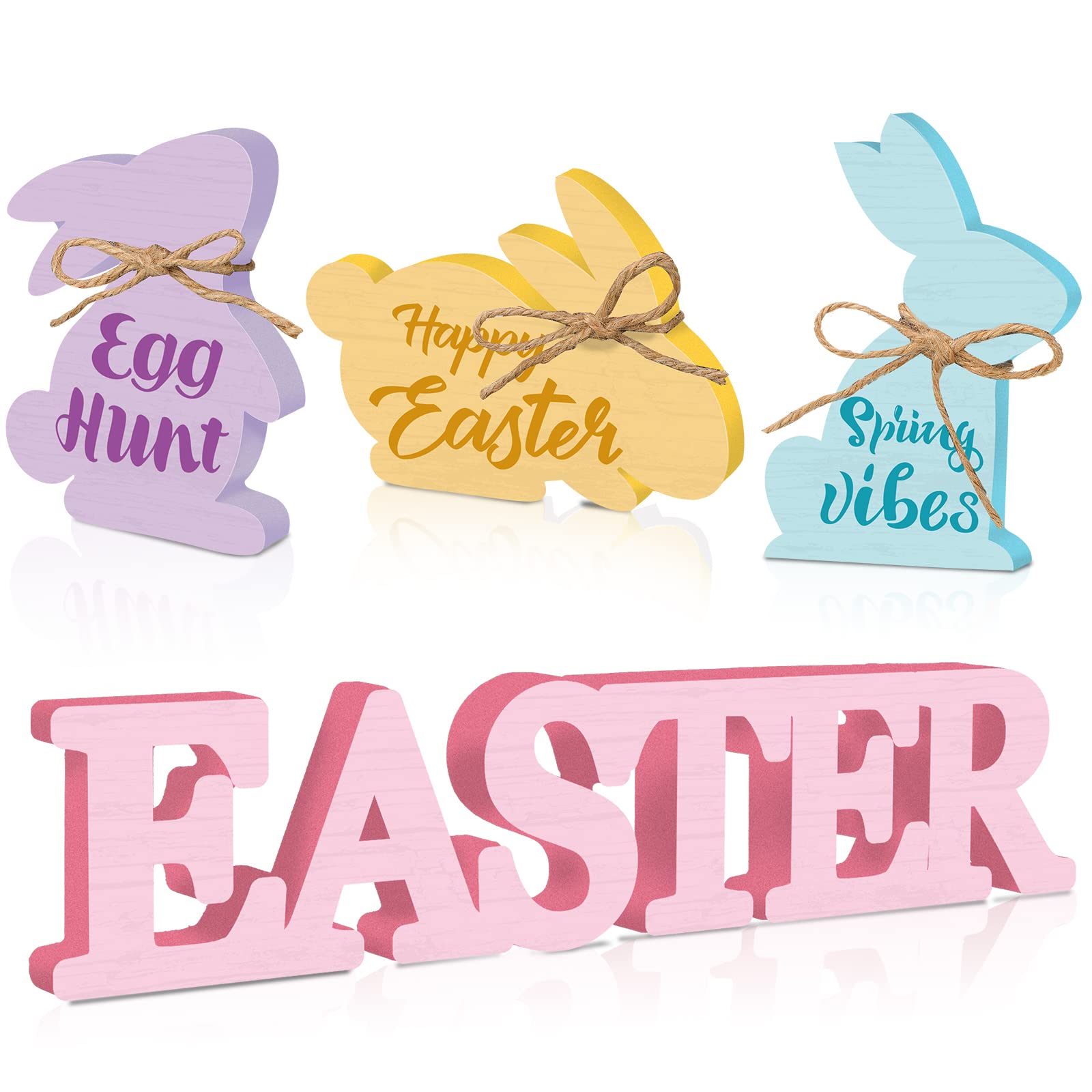 4 Pcs Easter Bunny Wooden Signs - Rustic Farmhouse Rabbit Decor for Tiered Tray, Spring Home & Party Decoration - Perfect for Easter Table Centerpiece, Mantel Display, and Seasonal Home Decor (Bunny Style)