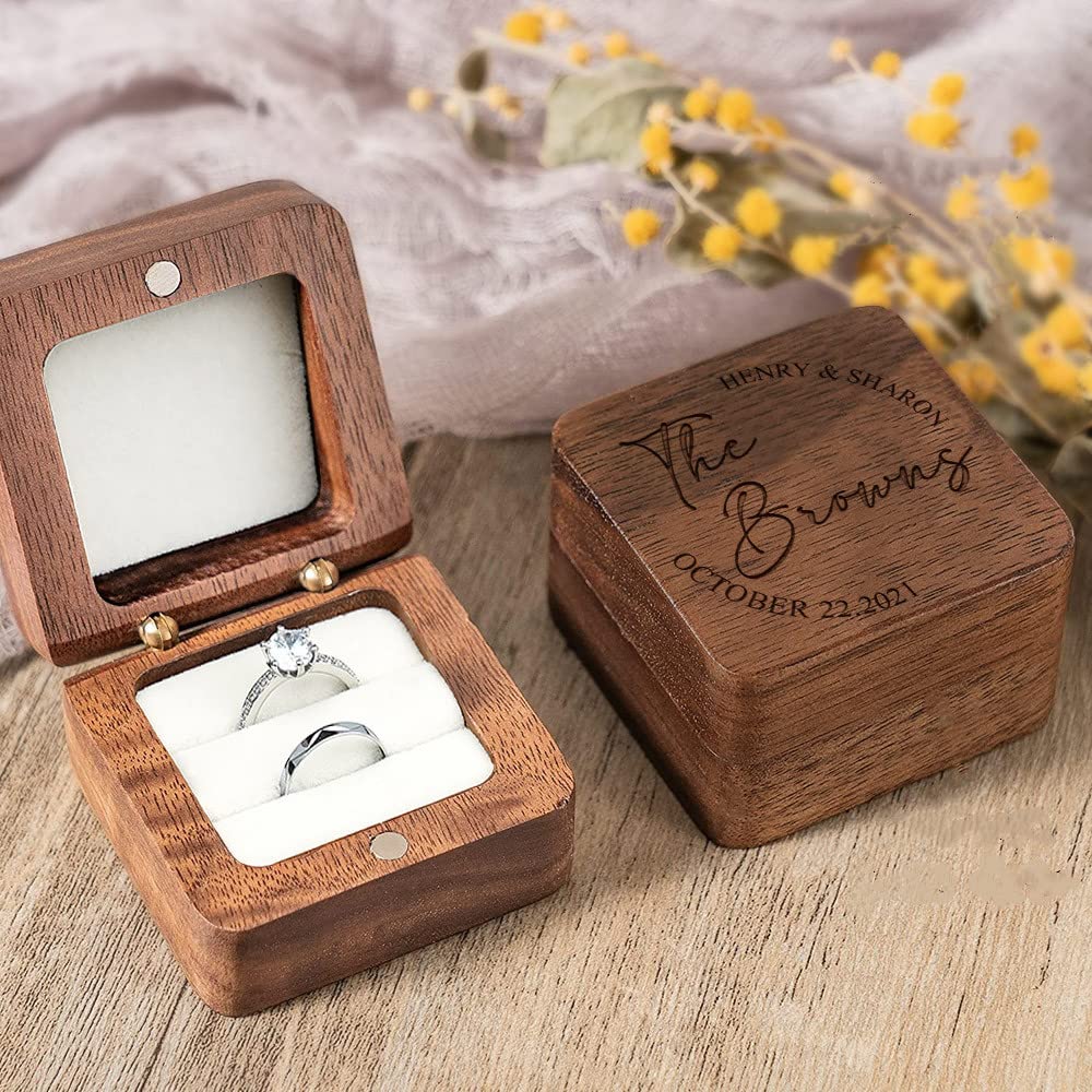Personalized Engraved Wooden Wedding Ring Box - Custom Square Jewelry Box for Engagement & Wedding Rings - Proposal, Ceremony & Ring Bearer Gift - Perfect for Couples, Anniversaries & Special Occasions