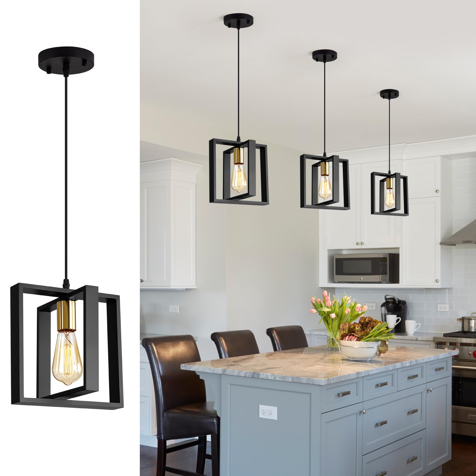 Farmhouse Small Pendant Light Fixture - 9.5 Inch Kitchen Island Hanging Lamp with Cord, Black and Gold Finish Wood Frame Chandelier for Hallway, Entryway, Closet & Bedroom Lighting - E26 Base - Perfect for Rustic Home Decor and Cozy Ambiance